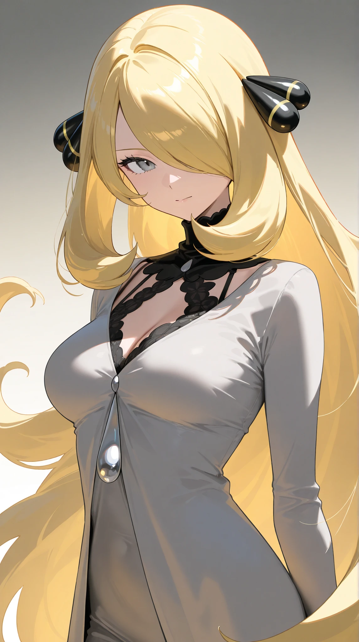 masterpiece, best quality, manhwa-artstyle, 1girl, solo, long hair, jewelry, yellow eyes, white background, breasts, looking at viewer, blonde hair, upper body, simple background, turtleneck, sweater, jacket, shirt, off shoulder, black shirt, plaid, black sweater, medium breasts, <lora:manhwa-artstyle-000025:0.6>