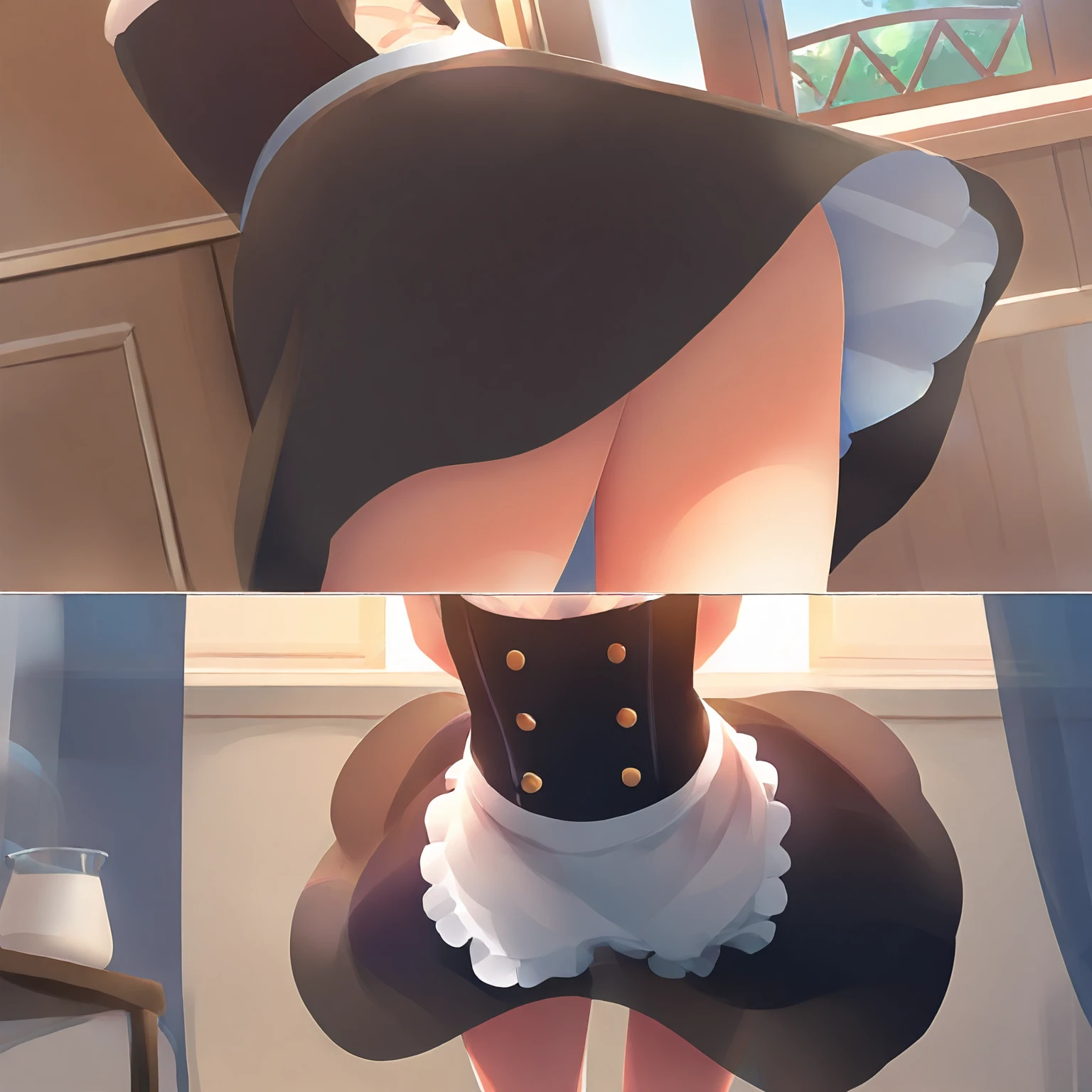 1girl, thighhighs,solo, thigh boots, white shirt, black skirt, black footwear, (((masterpiece,high resolution,best quality))), solo,wine bottle, bent over, on table, blonde hair, looking at viewer, open mouth, solo, blush, wet clothes, heart, wet, (beret :1.8), short hair, (iwanagakotoko:0.9), pervert, white panties, huge ass, from behind, fullbody, beautiful ass, beautiful thighs, beautiful panties