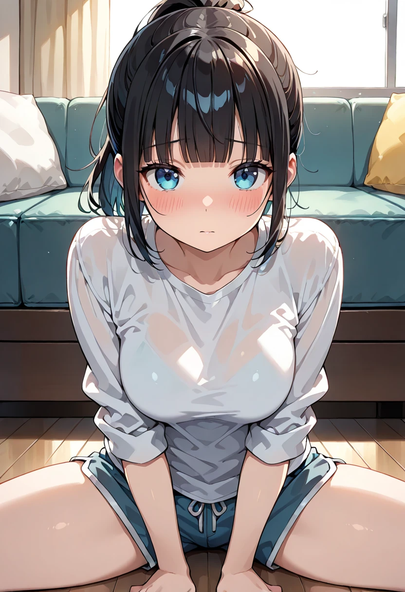 (masutepiece:1.5)、(top-quality:1.5)、(16k wallpaper:1.2)、(Photorealsitic:1.2)、(ultra-detailliert:1.2)、(超A high resolution:1.2)、super-detaild skin、Detailed and clean eyes、Natural Color Lip、Sitting in bed at home、Japan 18-year-old woman、Are sleeping、Semi-long bob hair、large full breasts、(Light white oversized T-shirt:1.2)、(Black shorts:1.2)、astonished face、Not wearing a bra、(Pull up the shirt:1.3)