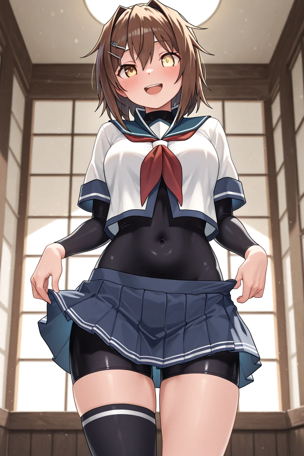 Highest quality, masterpiece, High resolution, alone, ((Perfect hands, Perfect Legs, Perfect Anatomy)), {inazuma_Kantai Collection}, brown_hair, Folded_ponytail, brown_eye, length_hair, Open_mouth, smile, School Uniforms,skirt,プリーツskirt,((Flat Chest, Small breasts)),navel, (White panties), (In underwear), (lingerie), (Outdoor), (skirtリフト),((nsfw)), Wet clothes, ((Panty shot)), show off panties, ,(spread legs, legs up), cameltoe,((uncensored))