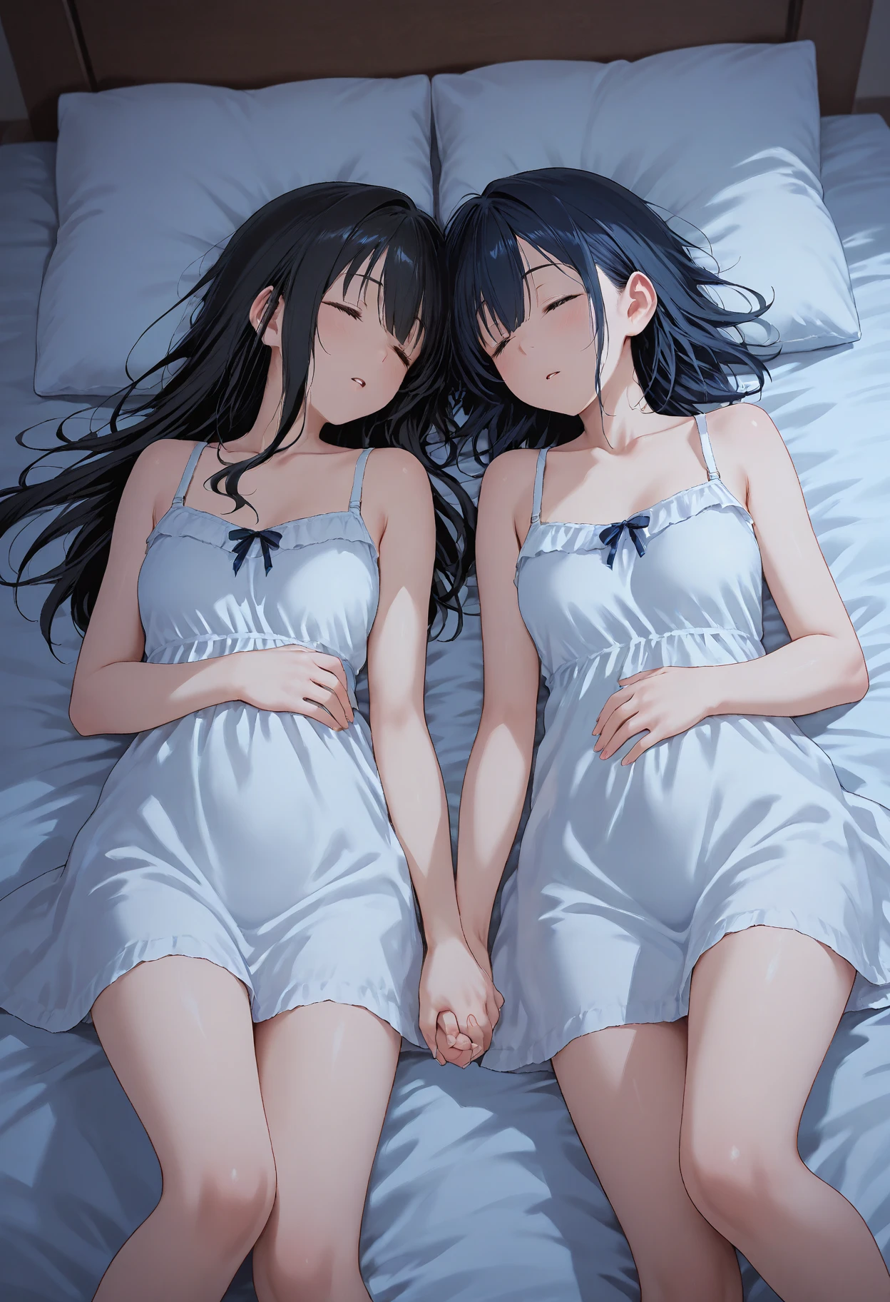 nswf:1.0,(masterpiece: 1.2, highest quality, masterpiece, Clearer images), (Bright colors), ((Take clear photos even from a distance)), (multiple girls), (Harem), (School classmates), (((All school uniforms have the same design))), (((Everyone is wearing the same navy blue skirt))), ((16 years old)), ((prostitution婦)), (prostitution宿, on the bed), (cute Japanese((6 girls))), ((group shot)), (group selfie), wide angle, soft light, ((((Clothes are in disarray)))), (((bad sleeping position)))、(slightly larger breasts), ((prostitution)), (lure), ((viewers love it)), (((sleeping, closed eyes))), (((show panty:1.6)))、((((M spread legs:1.4)))、((female masturbation:1.8))、((breast grab:1.3)),(((bra lift:1.2)))、stick out one's crotch、((put index finger on mouth))、(((lie on bed)))、lying, arms up