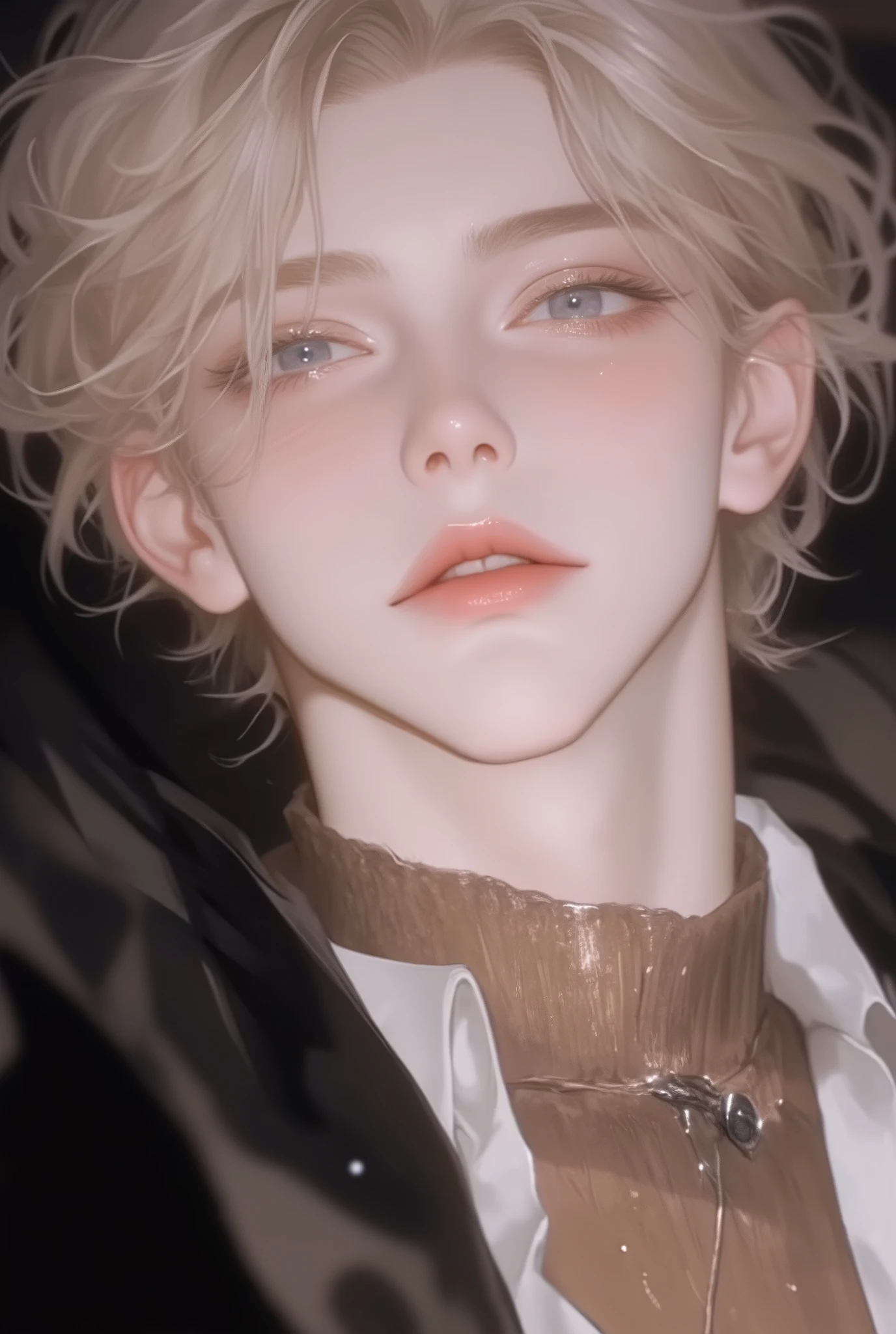 Boy, blonde hair, blue eyes, sharp features, white skin, pink lips, handsome, perfect, wearing a brown sweater, black formal jacket, elegant, accurate art, bright and clear colors, high quality resolution .