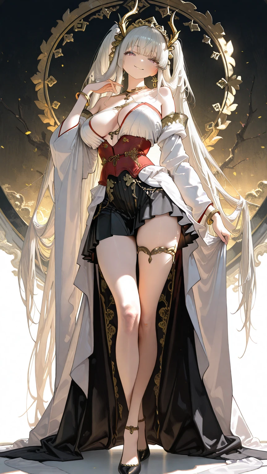 Create an anime character. She is an 18-year-old girl, standing at 157 cm tall. She has a well-proportioned, model-like figure with a youthful face contrasting her mature, beautiful "big sister" body. She has short bobbed hair with see-through bangs, colored white. Her eyes are large, round, and detailed, with sharp eyelashes, displaying charm, sharpness, cunning, and a hint of intimidation. Her eyes are purple with intricate detailing. She has soft, pinchable cheeks with a light pink blush. She has narrow shoulders, a large B cup bust, a slim waist with a slight tummy, wide hips, and thick, shapely thighs with long, beautiful legs.
Her outfit includes an oversized, loose white T-shirt and detailed, well-crafted black shorts. She is a human-owl hybrid, specifically an albino owl. Her personality traits are tsundere, cunning, intelligent, and innocent.
She works as an illustrator, creating highly detailed and luxurious works with sharp details and stunning light and shadow effects. Her works have a "doujin" feel, full-bodied, with simple backgrounds.
The drawing style should be highly detailed and intricate, with clear and refined details, capturing the character's allure and the elegance of her art.