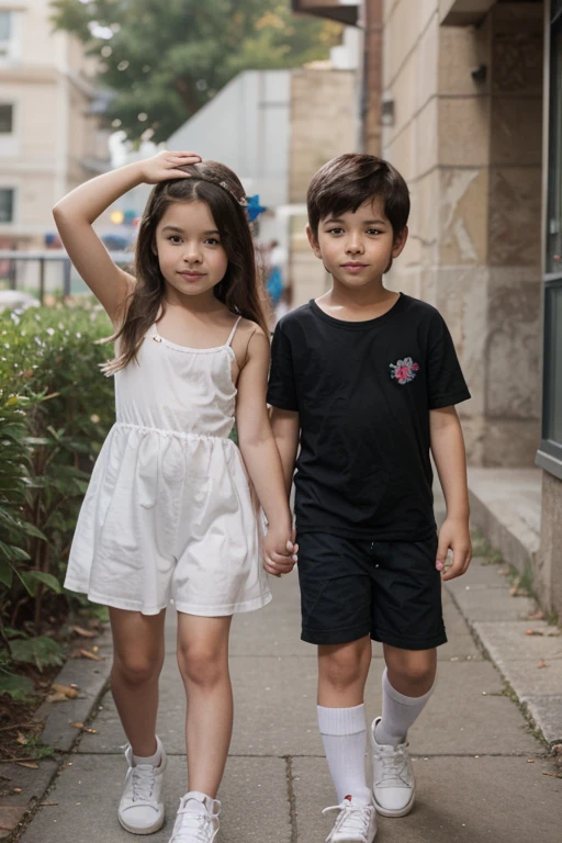 A boy and a girl are standing side by side with a rose flower in the girl's hand. The girl and the boy look very slim.