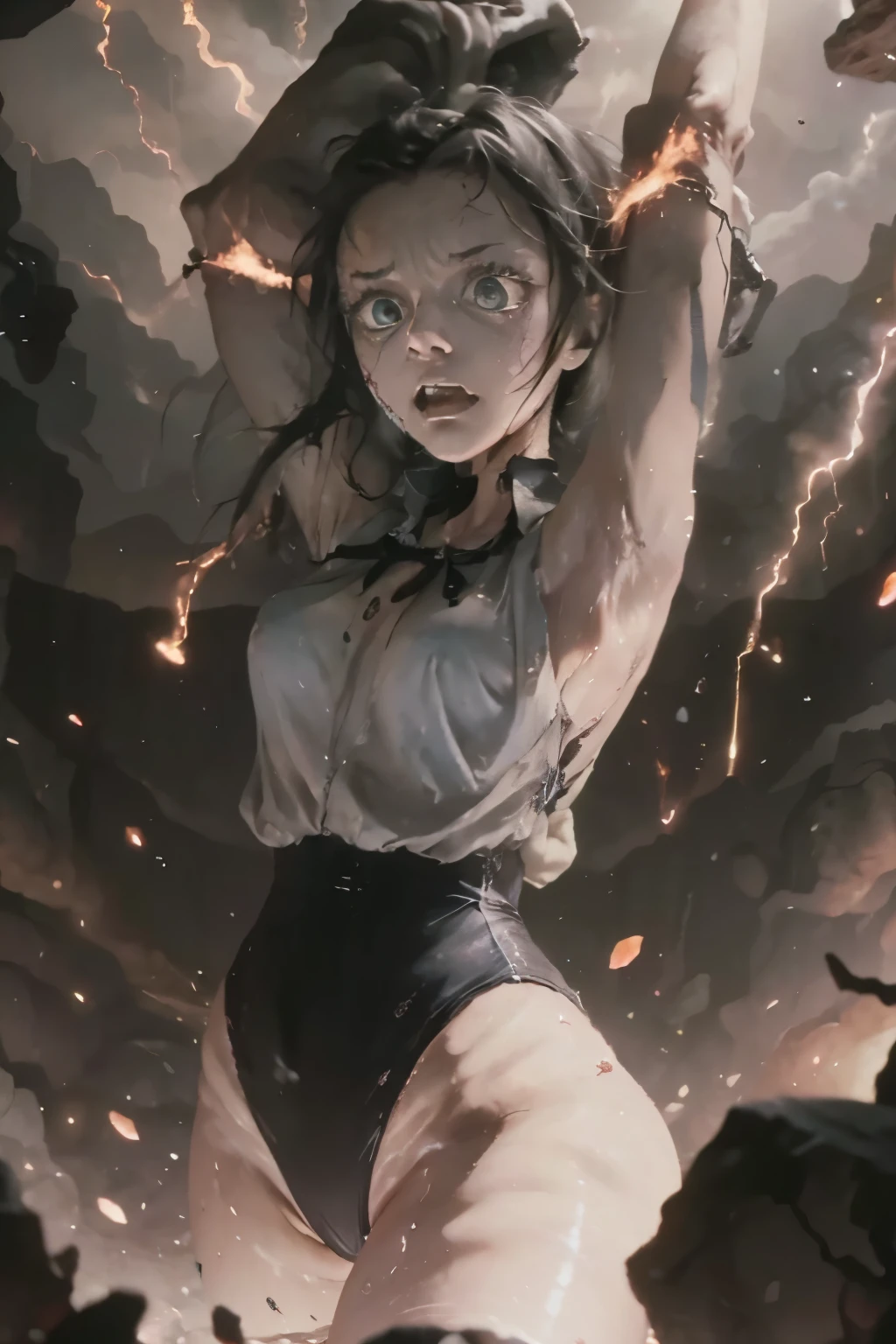 masterpiece, Highest quality, masterpiece,Zombie Girl, Evil Dead, Dark Energy, empty, Hollow Eyes, (an extremely evil),Dead Girl、 black magic, Dark Forest, Negative Energy, hell, Corpse wearing a black gymnastics bloomers,high leg,self wedgie,white blouse、lava,fire