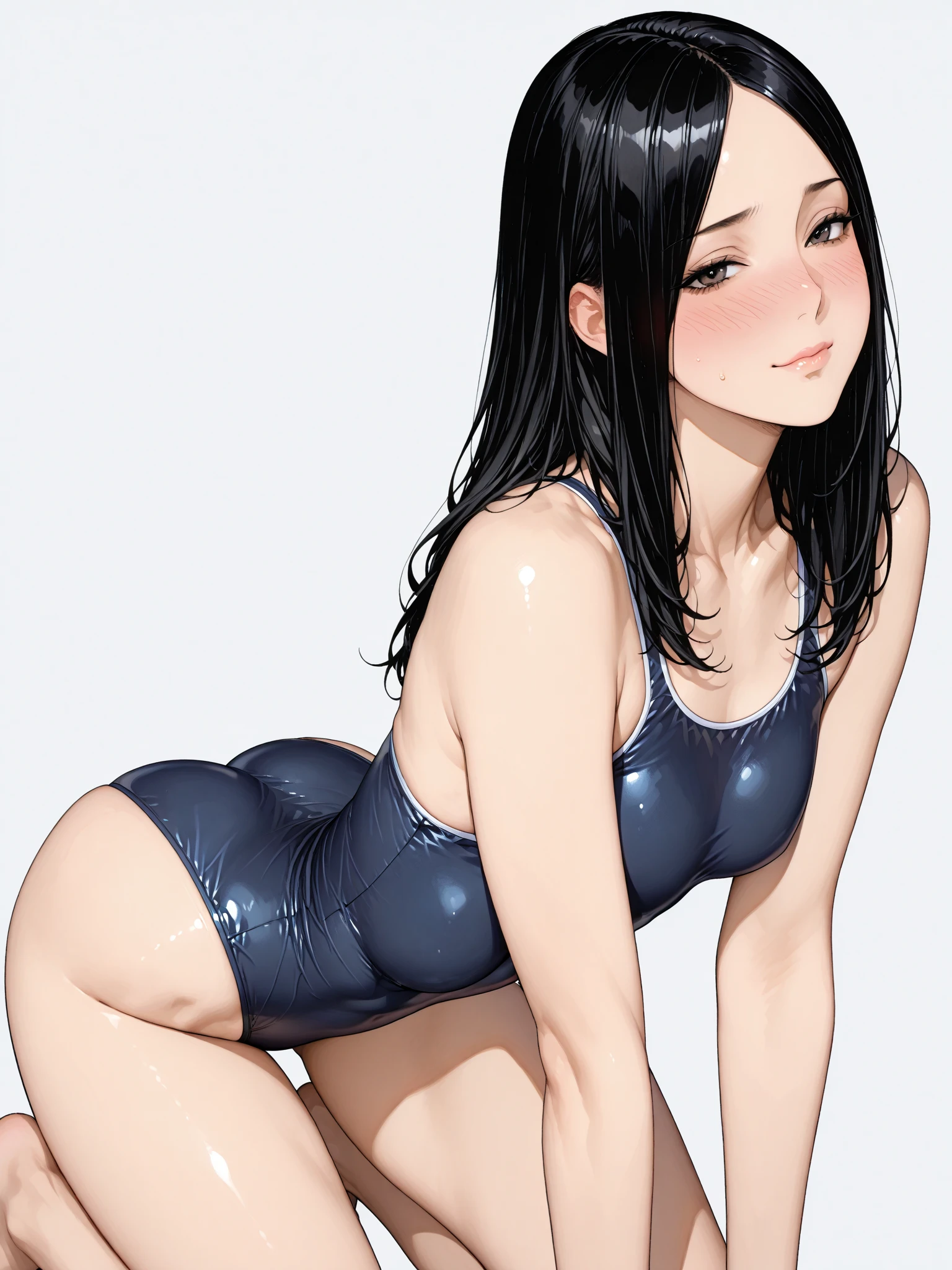((top-quality))、((masterpiece))、girl with、Formal-up、beautiful detailed eyes and face、pretty skin、Realistic、a very cute、22year old、School swim wear(Dark blue color、Simple design、Matte texture、Wrinkle、Wet、Polyester material、shadings、)Wet body、Anime Face、Beautie、Facing the front、big eye(Beautiful fece、Anime Face、Clear eyes、Fine details、beautidful eyes)Well-formed face(Beautiful nasal muscles、Perplexed、sharp mouth)full of sweat、sodden、Wet feeling、Background with(sunny sky、takeout)、8K picture quality、perfectly proportions、A slender、red blush、female focus on, hair adornments,length hair, Look at viewers,pissing、お漏らし、pee、getting wet