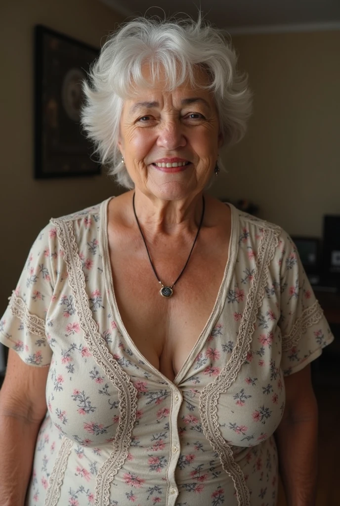 A 63 year old woman with a strong facial expression and lines, nose and chin prominence,thin weighing about 50 kilos , of prescription glasses, and big saggy breasts and Brazilian is being captured lying on a motel bed naked relaxing and smiling