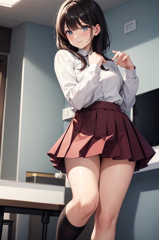 (table top, highest quality, High resolution, , perfect pixel, 4k,), 1 girl, single, alone, Beautiful woman、I could see the whole body、 ((wavy mid hair, bangs, brown hair)), ((brown eyes, beautiful eyelashes, realistic eyes)), ((detailed face, blush:1.2)), ((smooth texture:0.75, realistic texture:0.65, realistic:1.1, Anime CG style)), medium breasts, dynamic angle, perfect body, ((, female teacher, white shirt with collar,、white button not fastened、earrings、necklace、、、black knee high stockings、open both legs wide、、shy smile、、leaning forward)), Upper grade、、、evening、、(white and pink lace panties and bra、、(Bring your chest and arms together、Lift up your skirt and show your panties、The wind blows up my skirt)、angle from below)、
