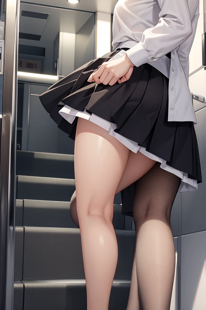 (masterpiece, Highest quality, Photorealistic:1.4), (Glowing Skin), (超High resolution, 8k wallpaper, High resolution), Perfect Anatomy, Cinema Lighting, Physically Based Rendering, Award-winning, Carl Zeiss 85mm F/1.4, (1 girl), break, Very cute 18 year old Japanese schoolgirl on the up escalator《Stick your ass out》Are standing, (Brown Hair, Medium Bob Cut), Mid-chest, (Wear Japan school uniform), (Sleeveless white blouse:1.3),(Twist your upper body backwards and turn your armpits and face towards me.:1.3), (((If you raise your hand above your head, you can see your armpit.:1.3))), (Micro mini pleated skirt:1.3), (((White cotton panties visible from under a skirt))), (Short socks, Black loafers:1.3), (Thigh Gap, Thigh Focus:1.3), break, (On the up escalator), (Looking to the future:1.3), (Lower Body Shot, View from below, Rear view:1.5), Nogizaka Idol, Very low angle,