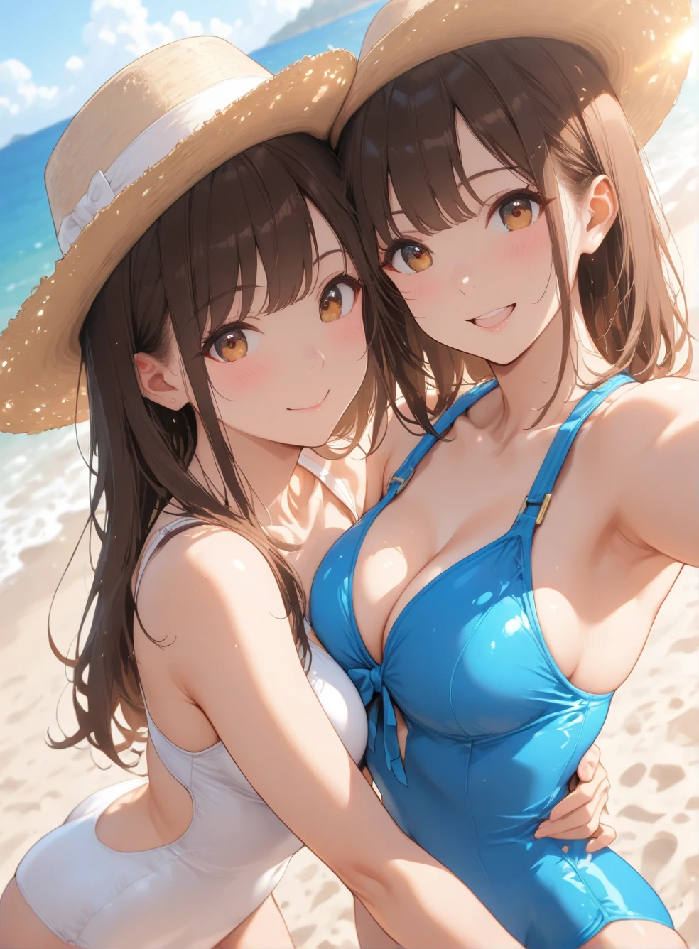 close up, From below, top quality, masterpiece, 16 K, High resolution, close up, 2 girls in, blush, beautiful hair of light brown color, beautiful brown eyes, swim wears, plump breasts, Japanese idol, Smile, Sunset Classroom, They are hugging each other,slender body,胸を押し付ける