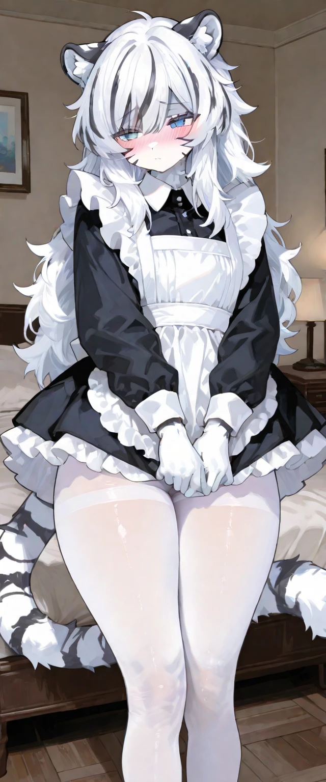 indoors, bedroom, nsfw, 1girl, solo, (maid), latex, tesomu, bare shoulders, breasts, nipples, burgundy hair, blond braids, hair over one eye, burgundy eyes, panties, thighhighs, gloves, long hair, looking at viewer, medium breasts, standing, full body, close-up, standing straight-on, realistic skin texture, detailed background, beautiful and detailed artwork, <lora:add_detail:0.3> <lora:tesomu-7-epoch-color:0.8> <lora:GoodHands-beta2:1>