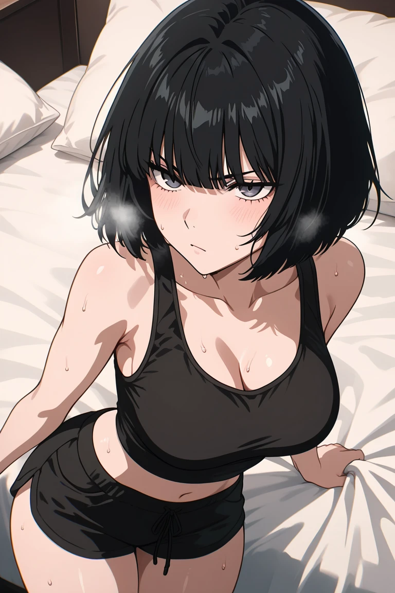 1 girl, narrow waist, sexy hips, full body view, Fubuki laying on her back in bed with her face blushing while she looks at the viewer, she is smiling in a flirty manner, kind of signaling with her eyes to come to bed with her, masterpiece, no blurring, ultra HD, smooth, perfect