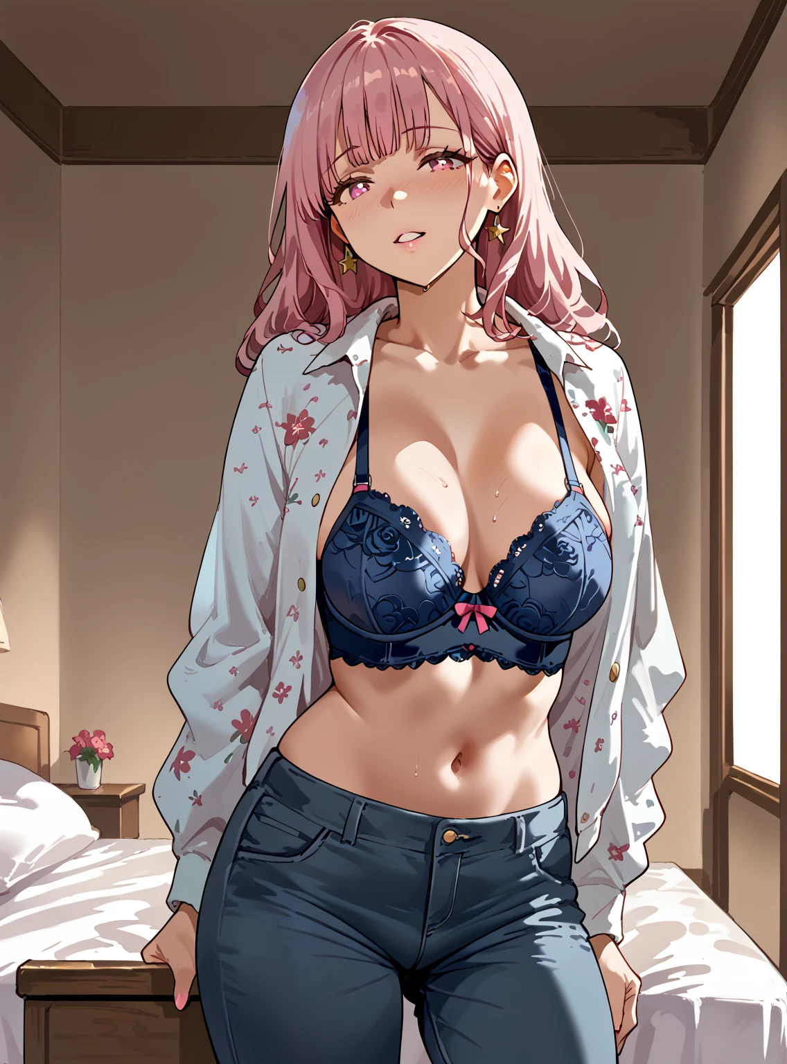One girl. Perfect face. Perfect hands. A pink haired woman with violet eyes wearing sexy lace bra and underwear underneath an open button up shirt is posing on the bed with a smile and a blush with her body in the doggy position