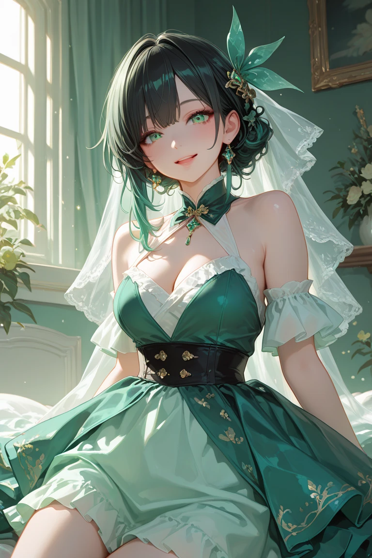masterpiece, best quality, extremely detailed, detailed background, detailed face, blunt bangs, 1girl, solo, jewelry, bug, butterfly, flower, veil, lantern, dress, holding, looking at viewer, tassel, earrings, choker, hair ornament, necklace, green eyes, black dress, aqua hair, artist name, breasts, holding lantern, hand up, black background, tattoo, bare shoulders, orange flower