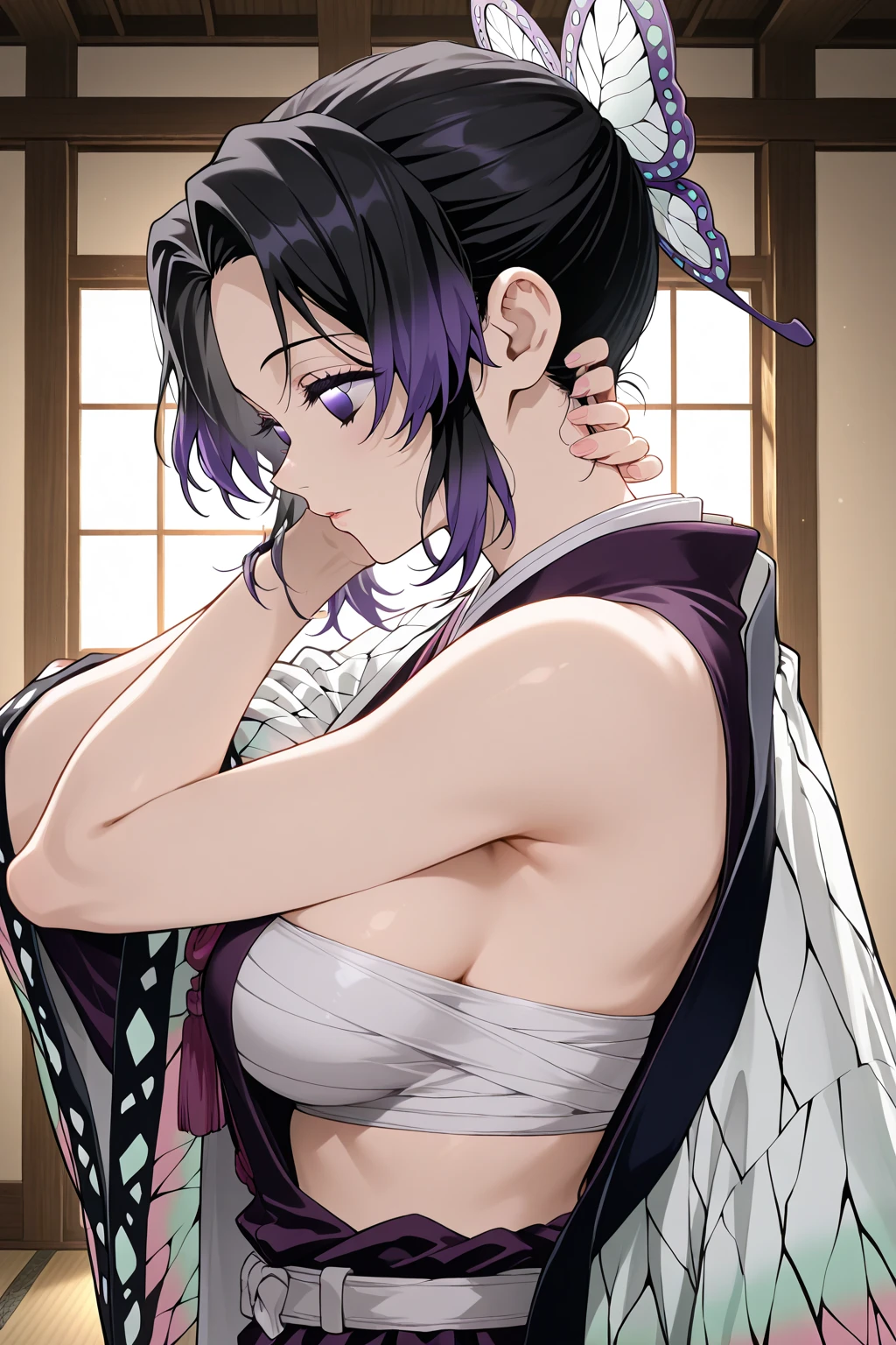 8k, raw photo, masterpiece, extremely detailed, best quality, only 1 girl, eft_shinobu, (nsfw), beautiful girl, high quality, (looking up the viewer, view from above, front view, close up model, eye contact), 18 years old, lewd smile, bitch, lewd, blush, (a girl begs the viewer to have sex with herself), sweat drop, shame, drool, love juice, wet pussy, tits, nipples, sitting, indoor, Japanese room, tatami