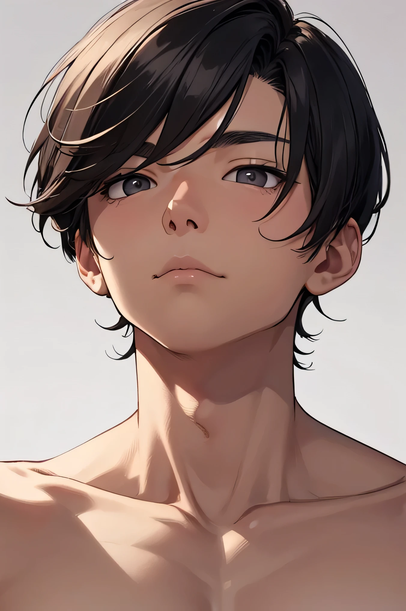 handsome Japanese man short hair dark haired sports cutting naked nude 床に座っている no background white gradient nude composition zoomed on a face Only the face Looking up and sad expression eyes