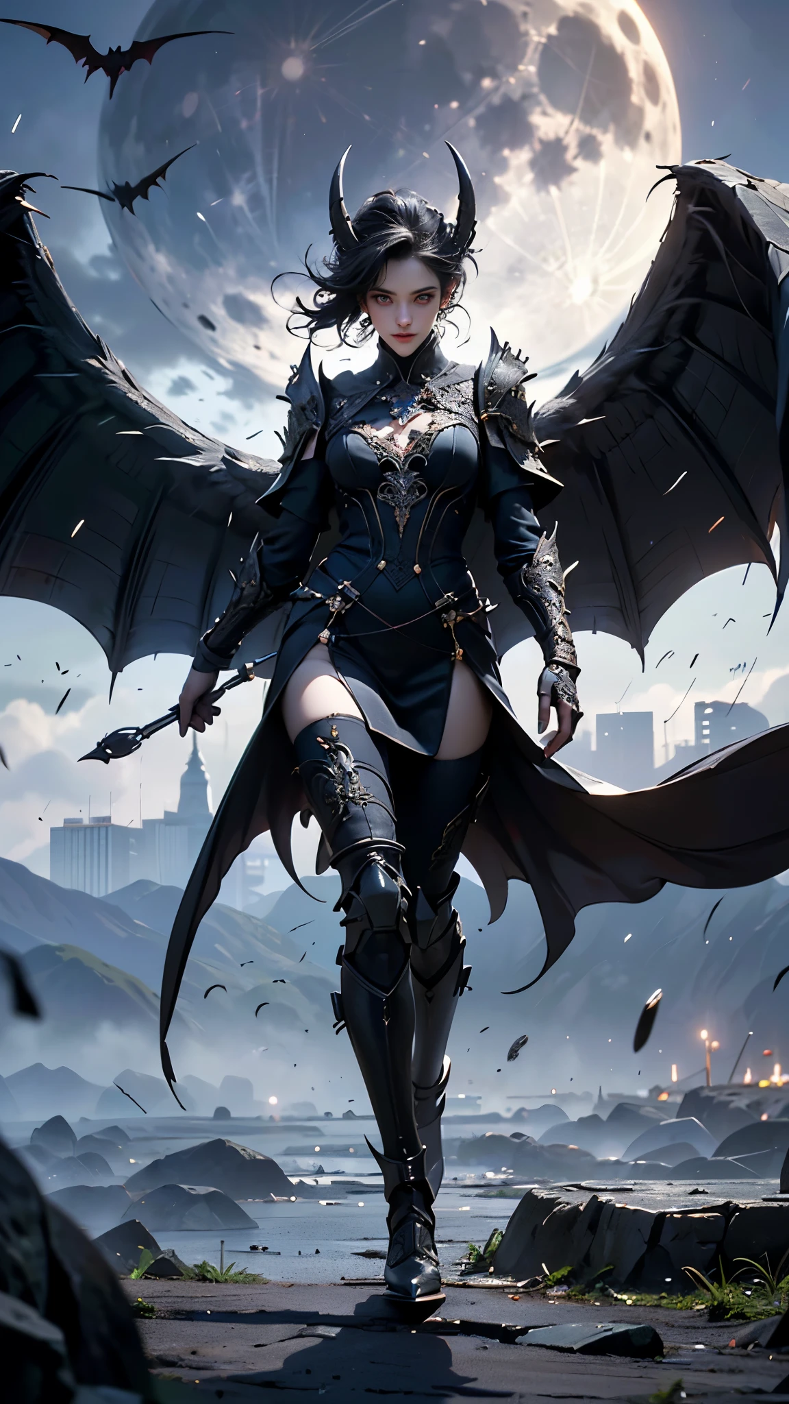 Sensual 24 years old female, sexy female ancient devil, ((shoot from below, looking at the camera, detained eyes)), very beautiful onyx black hair, white skin, beautiful red eyes, red rips, detailed bat wings, (extremely detailed intricate designed devil armor, fluttered dress , detailed intricate patterned, with intricate a enchanted daemon armor:separate type), ((extremely detailed a devil’s blessed elegant sexy armor)), BREAK, ((Wear intricate designed ornament)), Wear long lather boots , ((she is pointing at your face with ugly grin, perfect anatomy), she has been captured audience attention ), ((extremely description, in dark night , full moon, moonlight, fantasy world )), (((absolutely detailed beautiful face, seductive face, ((extremely detailed, full body)),))).