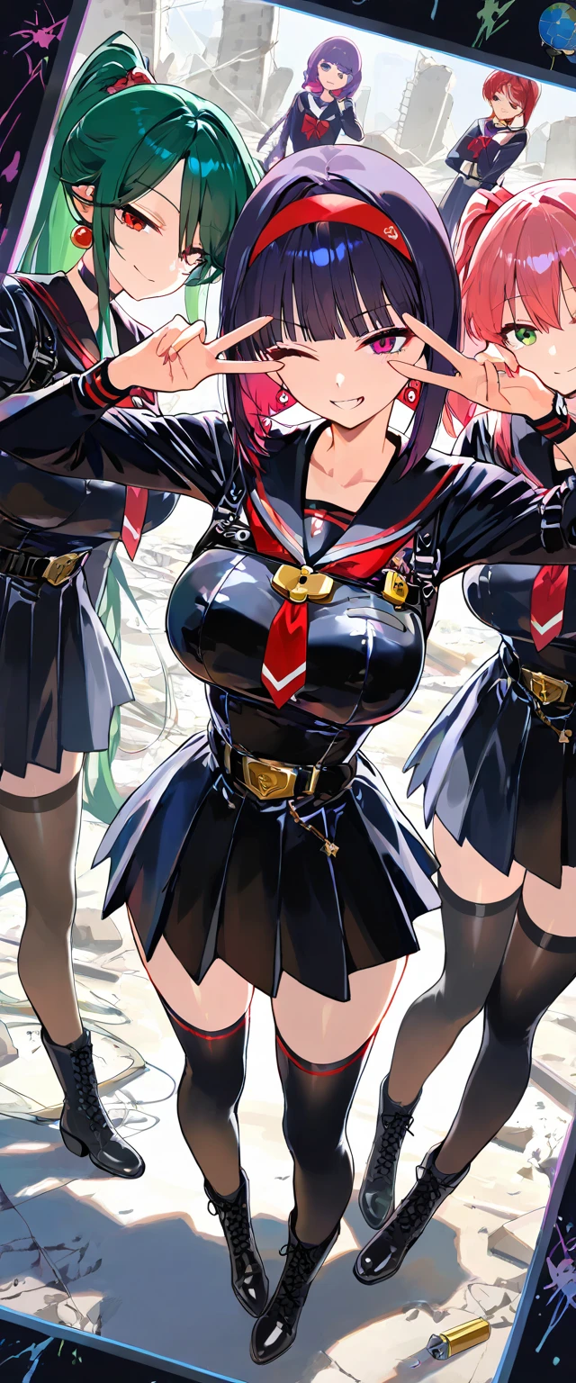 (beautiful girl : 1.3),5 Girls,(ARW),(black sailor suit,turtlenecks, arm roll up,Overflowing Advance,headband,earrings,belt,Harness,Lock,globe,boots,stockings,ガーターbelt),dark haired,pink hair,purple hair, green hair,Red hair,bob cuts,ponytail,braids,サイドponytail, Low pigtails,Smile Yan,reckless attitude,evil expression,provocative attitude,Keen Eyes,v over eyes,wink,Group Photo, in the middle,Concrete Ruins,crack,spray graffiti,dynamic angle,masterpiece,Highest Quality,Rich Contrasts,high image quality,8k,High-Definition CG Unit Wallpaper,Textures,unbelievably absurd,RAW pictures,Deep Border 1 .2,very detailed
