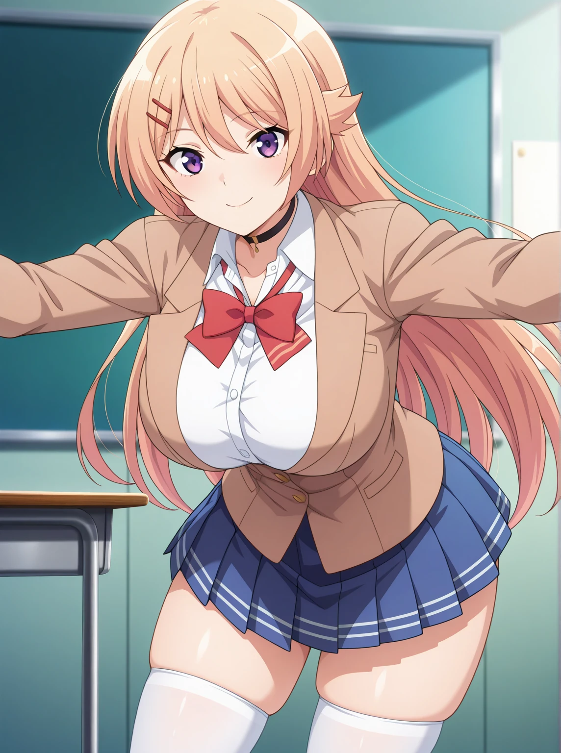 masterpiece、High resolution、high resolution、4K、8k、(((Stretch your legs and show your butt、Big Breasts)))、((Shiny underwear)))、Uniform Blazer、Beautiful beauty、Long golden hair、((whole body))、(((Photo taken from below)))、School、classroom、Large Breasts、Big Breastini skirt、The color of the pants is black、Japanese、tall、Long limbs、18-year-old、Kitagawa Marin、A beautiful nose like a model、Put one hand on your hip、Natural smile、Sexy pose、Hairstyle: Long hair、Beautiful belly button、Beautiful legs、Attractive thighs