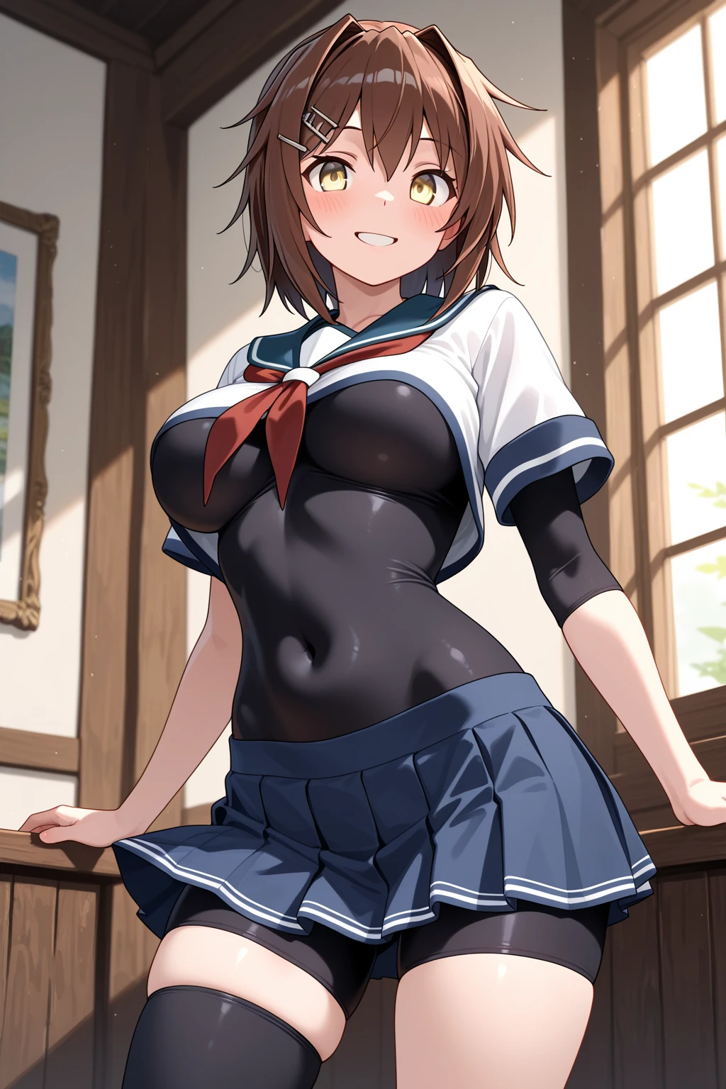 ((Best Quality)), ((Masterpiece)), ((4k)), (detailed), ((perfect lighting)), 1 female (alone), (perfect body), (volumetric), short hair, big tits and big butt, beautiful eyes, masturbation, (sleeveless shirt, Short skirt), (happy), blushing cheeks, (the flag), sensual lying pose, ((body looking forward)), (showing the vagina), (background the random environment)
