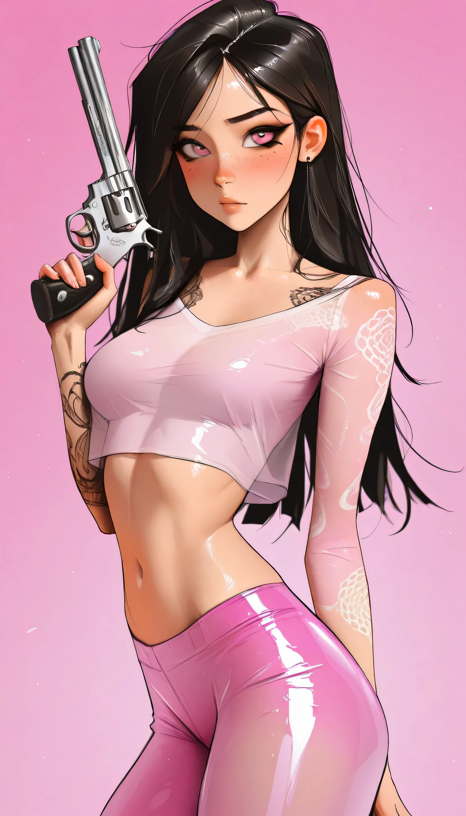 masterpiece, best quality, very aesthetic, movie quality, depth of field, soft saturation, focused subject, ,official style, shiny skin,1girl, long hair, long black hair, pastel pink_eyes, swept bangs, tattoos, feline eyeliner, e-girl, slender body,, (M1lkG0re:1.2), ,, medium breasts, , , shirow masamune, sam yang, full-body-tattoos, , dark eye makeup, freckles, blush, piercings, nose stud, (snake skin pants,, (holding magnum revolver), , loose top, very slender body, skinny, translucent pink space clothes, trixie tang