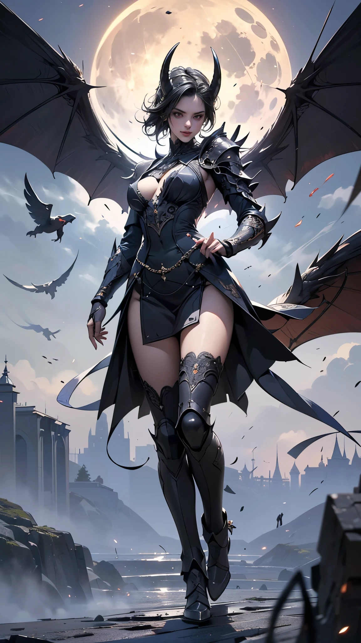 Female Batman, cute face, serious face, white batman armor, standing, post apocalytic dessert, night time, colorful background, UHD, side lighting, ultra realistic, ray tracing, full body must be shown