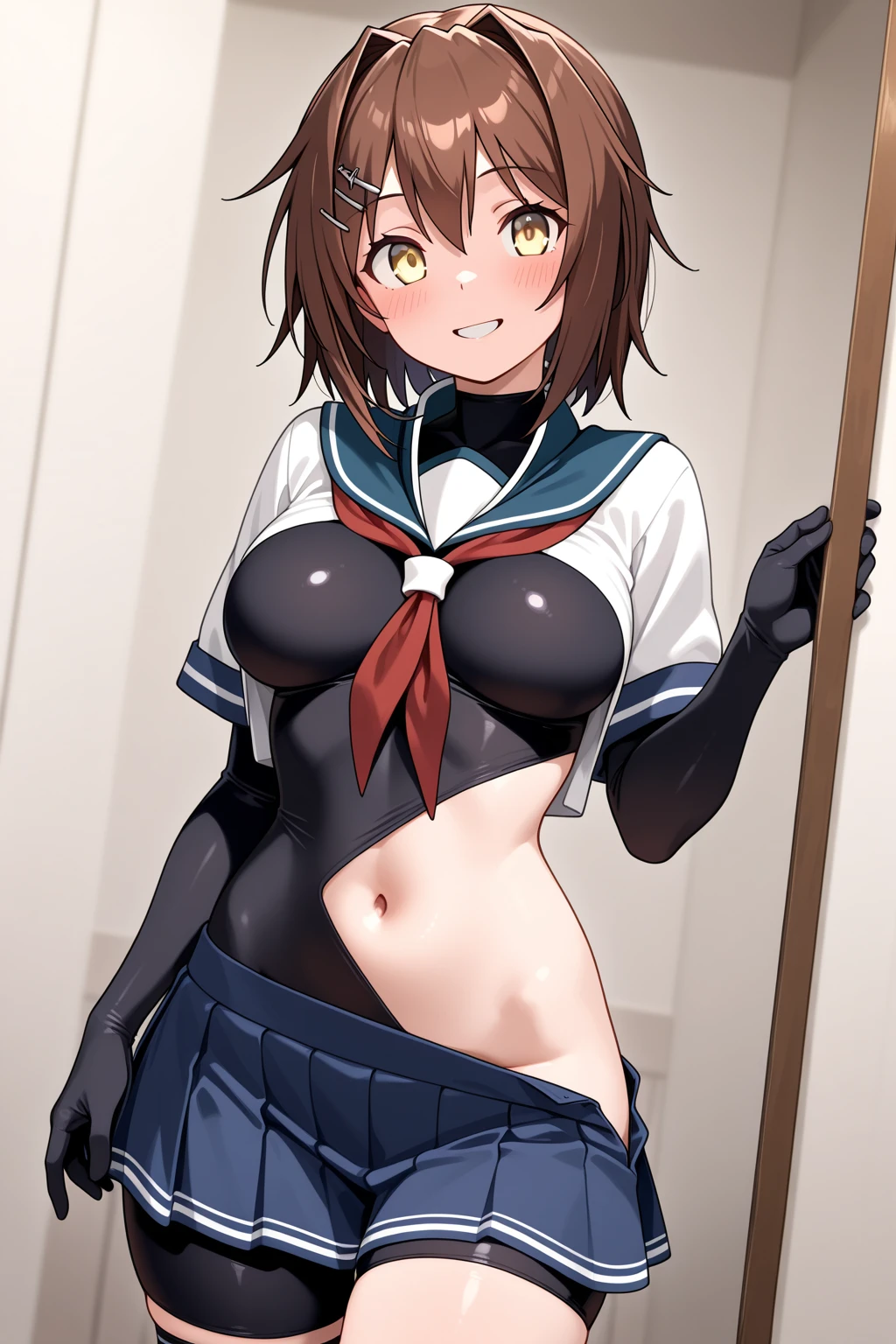 (masterpiece, highest quality:1.4), highest quality, masterpiece, High resolution,
(perfect anatomy), (symmetrical eyes, highly detailed eyes, beautiful eyes), (, super detailed face, beautiful face), (black eyes),
Destroy a girl, alone,,((NSFW)), (2 from bottom.1)
QiuyueKC, (Qiuyue) uniform, (black) head band, (black) sailor collar, (yellow) neckerchief, (colorful) gloves, (white) pleated skirt, (gray) boots, (white)(black) gloves, (right side) thigh strap,(short sleeve) serafuku, (gray) corset, mini skirt,Blushing looking at viewer, cowboy shot, towards the audience, smile, (bedroom background),wet clothes, wet hair
((erect nipples)), spread legs, legs up,,((show off pussy crotch grab)),(urethra) hand on crotch,(crotch grab)