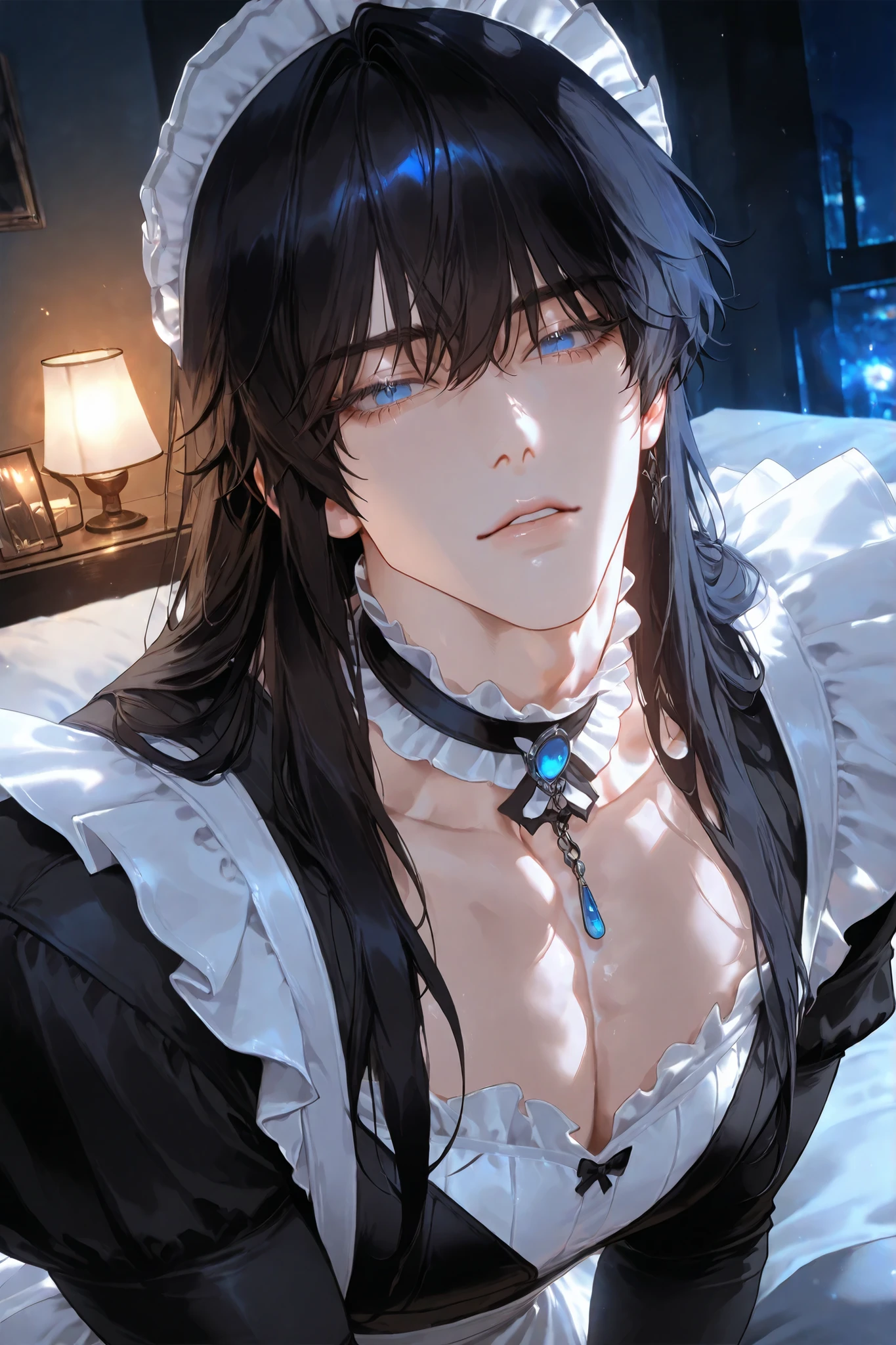 A handsome Korean adult “male“ with “black long hair“ and light detailed eyelashes and blue eyes and a delicate impression is wearing a maid outfit and a frilled choker, dramatic cinematic ambient, semi-realistic, snapshot, dynamic pose, lively expression, lie on the bed, night lamp, “temptation turf and be manly“