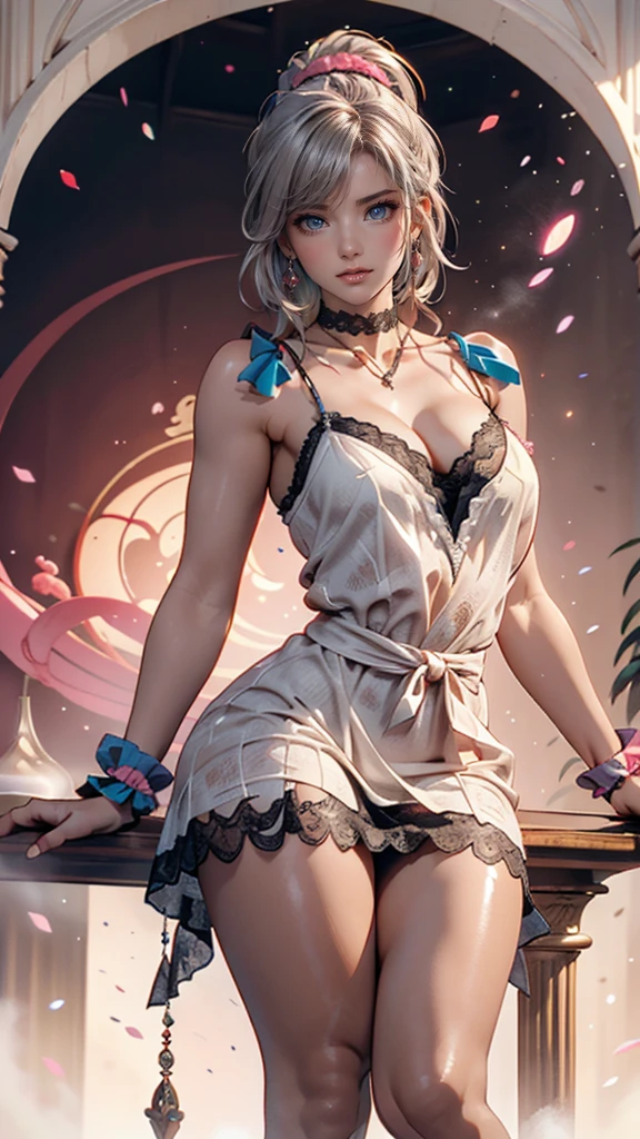 24 year old Caucasian female、Silver Hair、long hair、Hair becomes wavy、Outstanding proportions、Wear a sheer romper decorated with lace、Breasts are visible through the skin、I can see my belly button、Wear low rise leggings、Wear stiletto heels、Cowboy Shot、sexy pose、art nouveau background