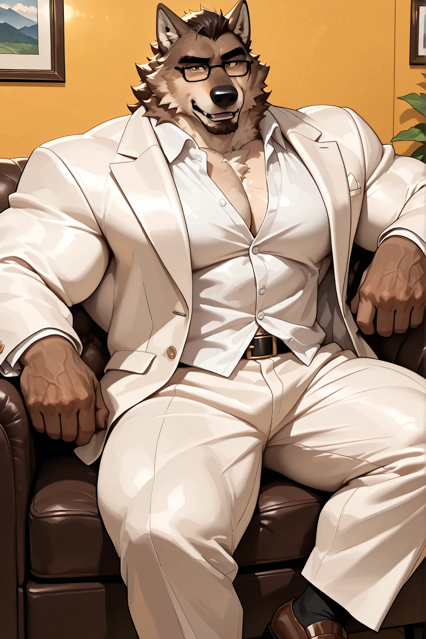 MrWolf, Cream-White Suit, Cream-White Pants, White Shirt, Brown Shoes,solo, muscular, Mr. Wolf, glasses, very huge pectoral, sofa, detailed eyes, wide shoulder, thick arms, wide pectoral, muscle, detailed eyes, focus eyes, shirtless, masterpiece:1.3, semirealistic:1.2, high detailed, 8k, high resolution