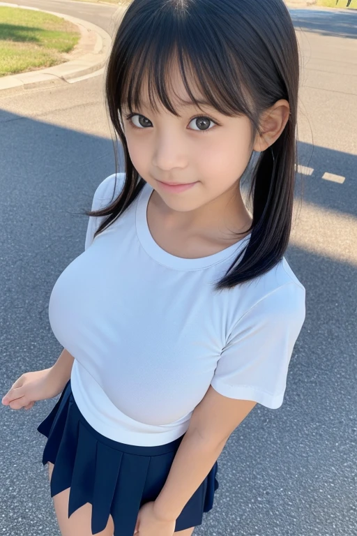 (Two 10-year-old Japanese elementary school girls), 110cm tall with super enormous-breasted, (super enormous breasts), wearing baby blue micro , baby blue micro mini tank tops (navel-baring), carrying school bags, and my butt is being touched by 10-year-old Japanese elementary school boys 110cm tall on the way to school,