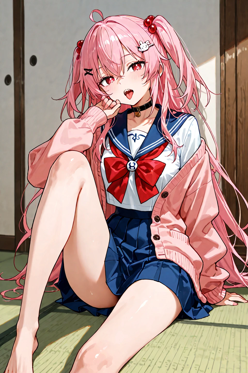 Pink shorts、Gray floor