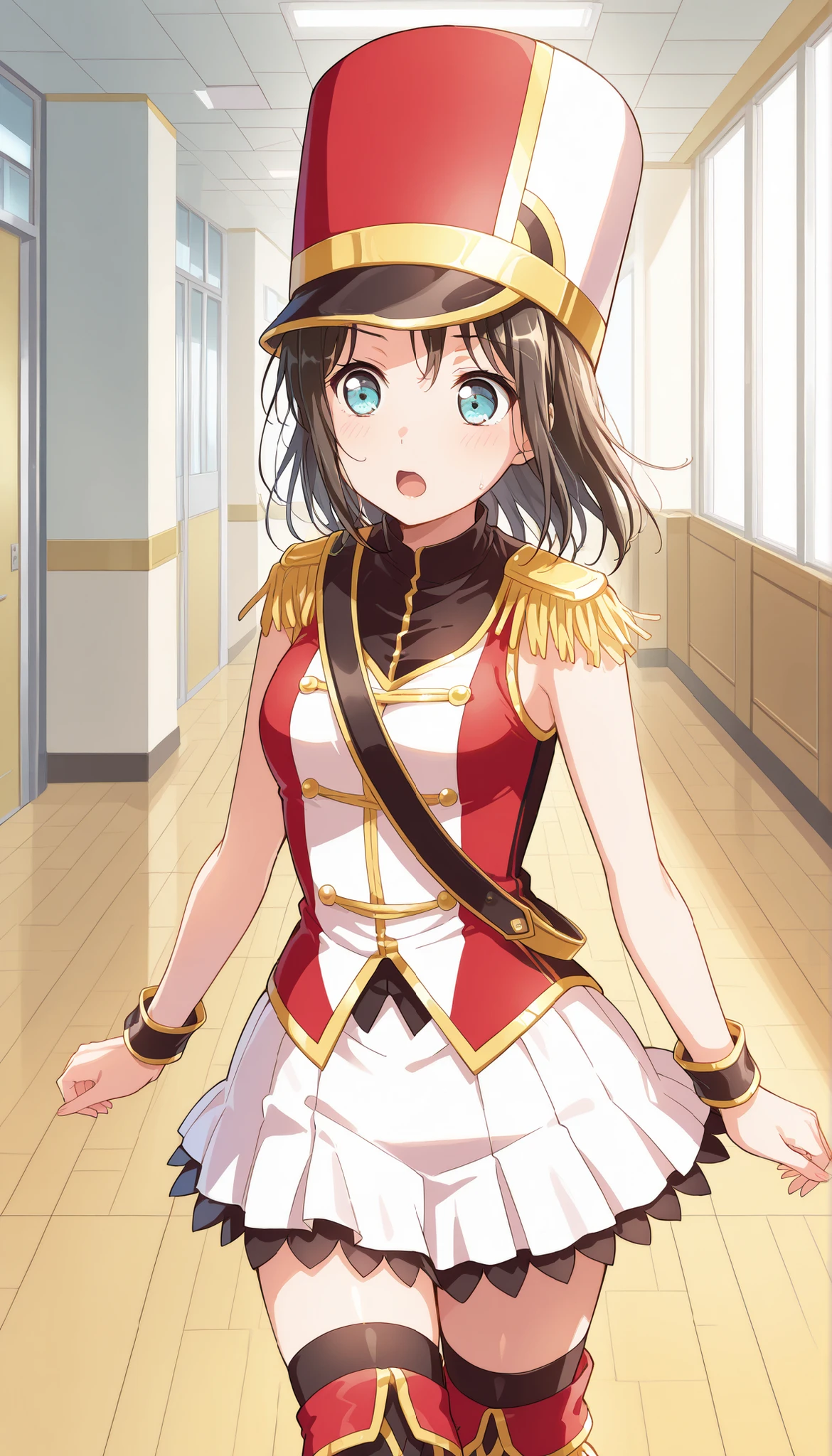 score_9, score_8_up, score_7_up, source_anime,solo, 1girl,<lora:Misaki_Okusawa:1>,Misaki Okusawa, ,kokorohhw, hhw skirt, hhw shako cap, hhw band uniform, hhw wrist cuffs, hhw thigh boots,small breast, rouge lips , standing , live waiting room, ,open mouth,