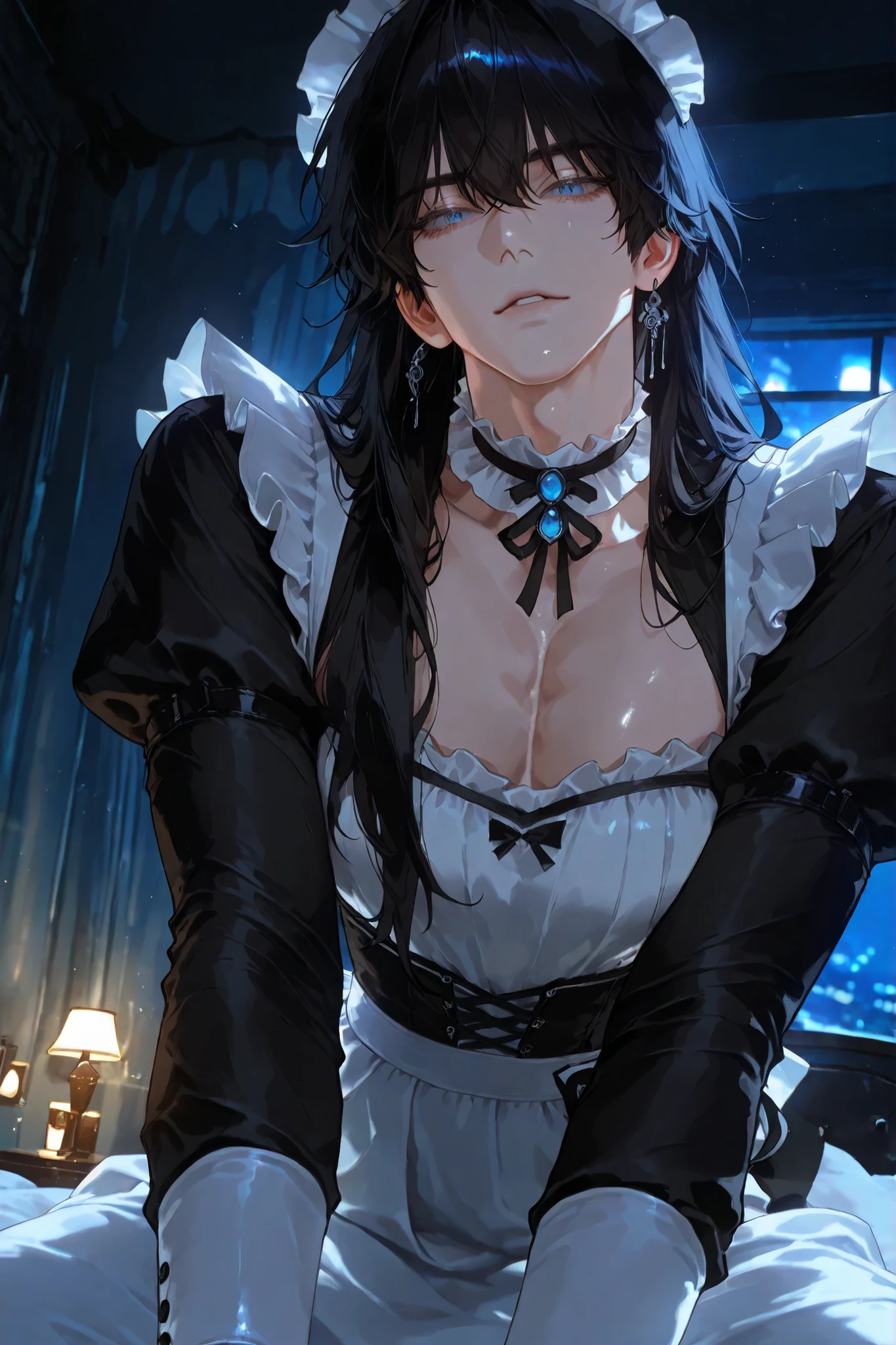 A handsome Korean adult “male“ with “black long hair“ and light detailed eyelashes and blue eyes and a delicate impression is wearing a maid outfit and a frilled choker, dramatic cinematic ambient, semi-realistic, snapshot, dynamic pose, lively expression, lie on the bed, night lamp, “temptation turf and be manly“, from below, from aside
