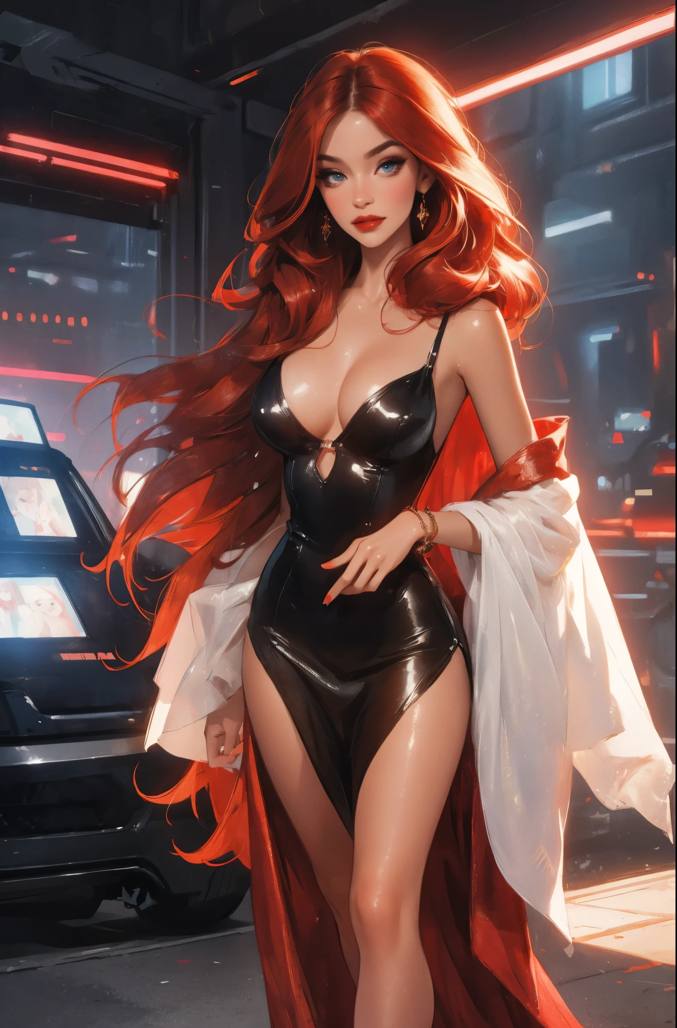 1girl,full body,red hair, green eyes,nude,small breasts,skinny,small waist,beautiful face,pale skin,earrings,necklace,bracelet,pubic hair,dark background,
sci-fi,neon light,spacecraft,solar,<lora:more_details:1>, <lora:CyberBeautyV30:0.2>, <lora:OC:0.8>,