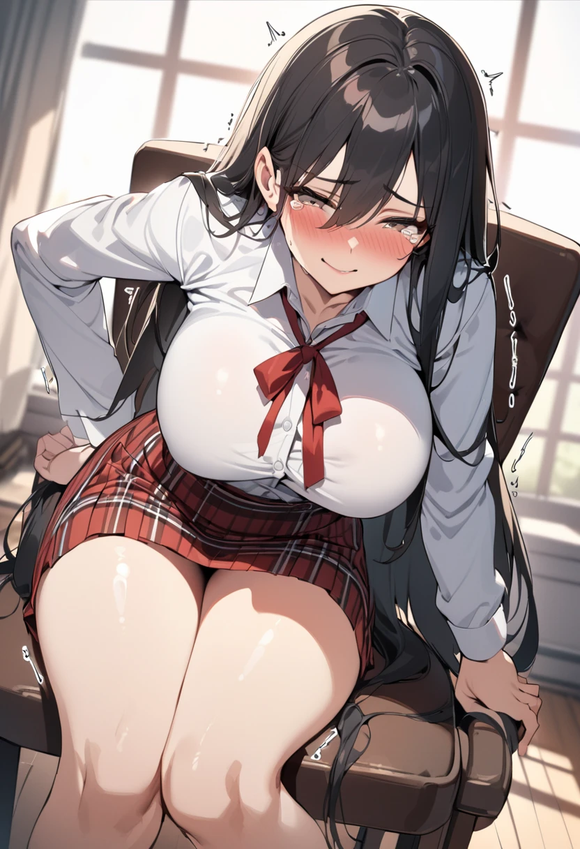 homura, black ponytail, green eyes, tan1:1, Alone, Upper part of the body, smiling, covered nipple,
HoUni,,black seraph,diaphragm,Skirt,pleated Skirt,loose socks,under the chest,short sleeves, crop top overhang ,shoes, hair band, not good, brown gauntlets,
The school areas, tomorrow,
(incredibly detailed, beautiful detailed face, masterpiece, Best Quality) cinematic lighting, Senran Kagura homura 8K, Best Quality, (photorealistic:1.4), raw photo, (curved body), (curved thighs), (huge breasts, perky breasts:1.4),