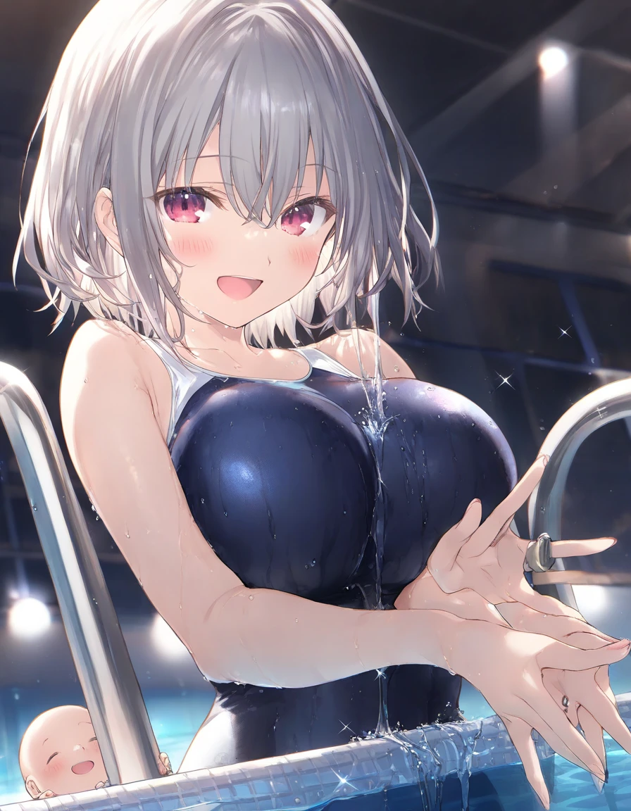 ((kancolle, Kantai Collection, Kashima)), (large breasts), breast bags, slightly slanted eyes, long black rubber gloves, long black knee-high socks, blue competition swimsuit, wrinkled swimsuit, tight swimsuit, swimsuit reflecting light, wet swimsuit, wet skin, framed breasted, double bust, framed groin, framed navel, cleavage sticking to swimsuit, sunlight, one arm raised up, sitting, legs closed, from the front and slightly below, looking at the viewer, kind teasing light smile, open crotch
