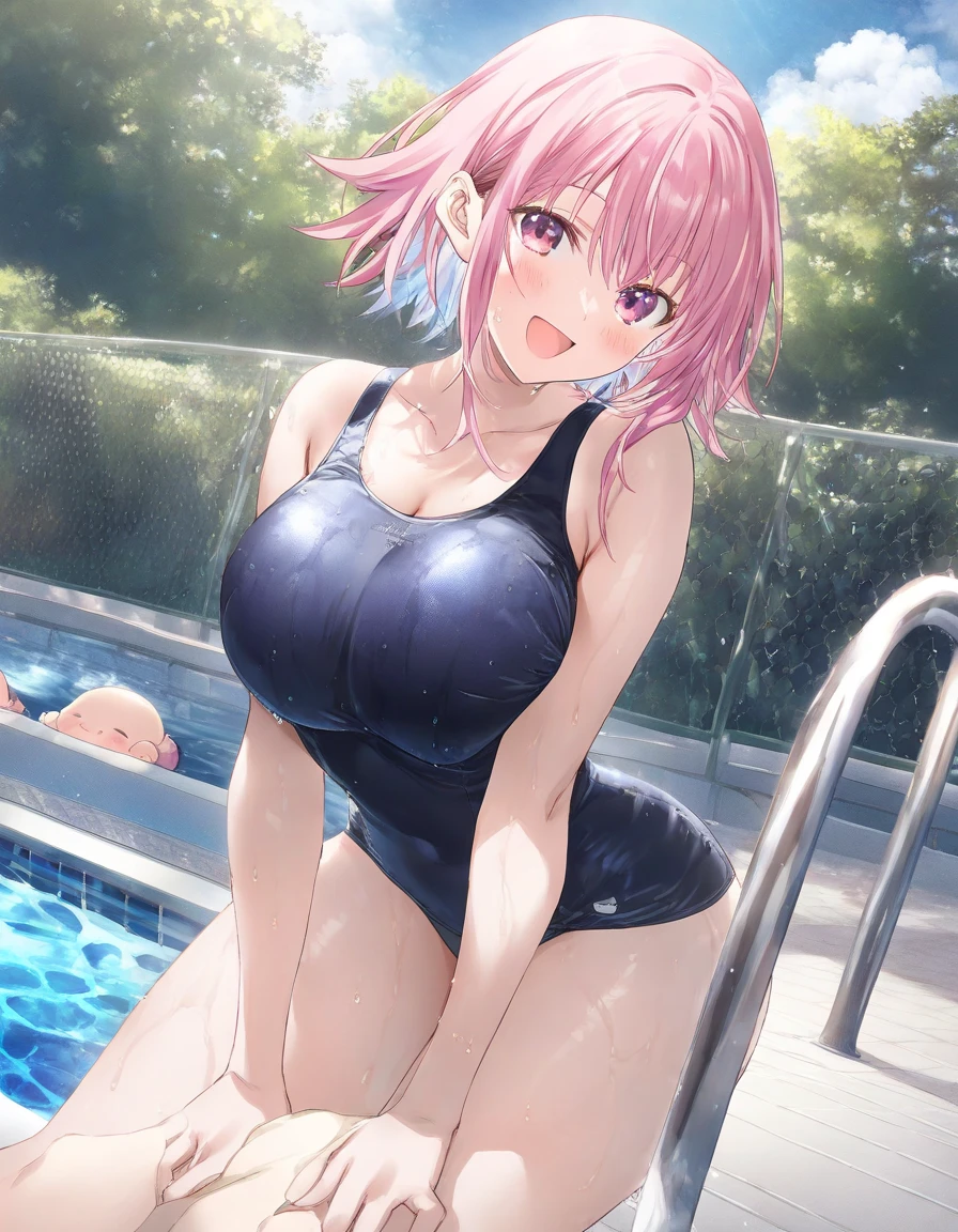 Loli,with a white and pink bob cut,extremely large Z cup breasts,and thick thighs. Sitting down, is 4”11. Wears a tight white crop top that shows cleavage,and thigh high socks with fishnet tights. Right eye is pink and left eye is blue