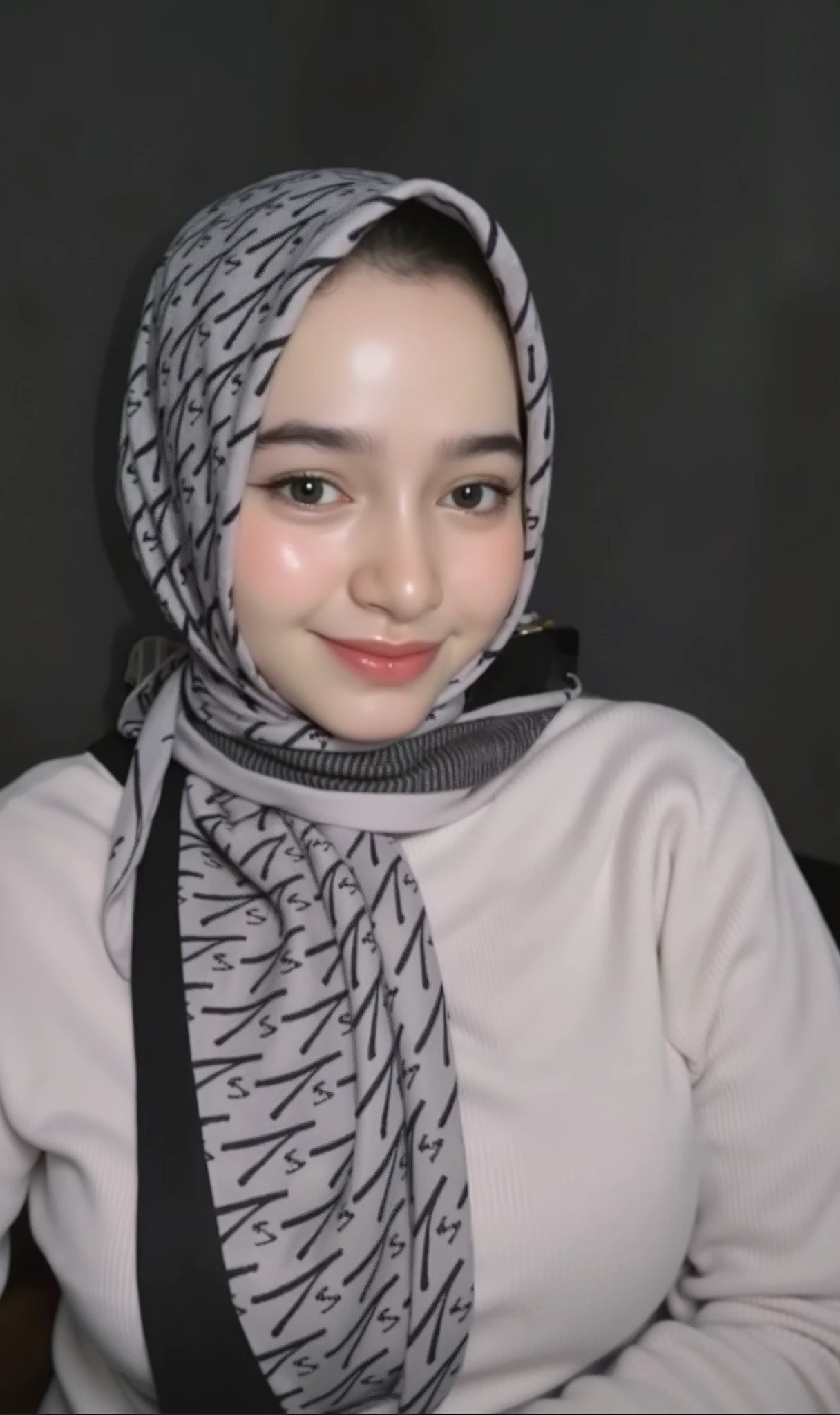 arafed woman wearing a scarf and a gray shirt, pale-skinned persian girl, 🤤 girl portrait, hijab, scarf, beautiful iranian woman, dilraba dilmurat, anna nikonova aka newmilky, gorgeous lady, casual pose, white hijab, instagram model, khyzyl saleem, 18 years old, sexy face, perfect face ), (((((large breast))))), smile, (((sweating)))