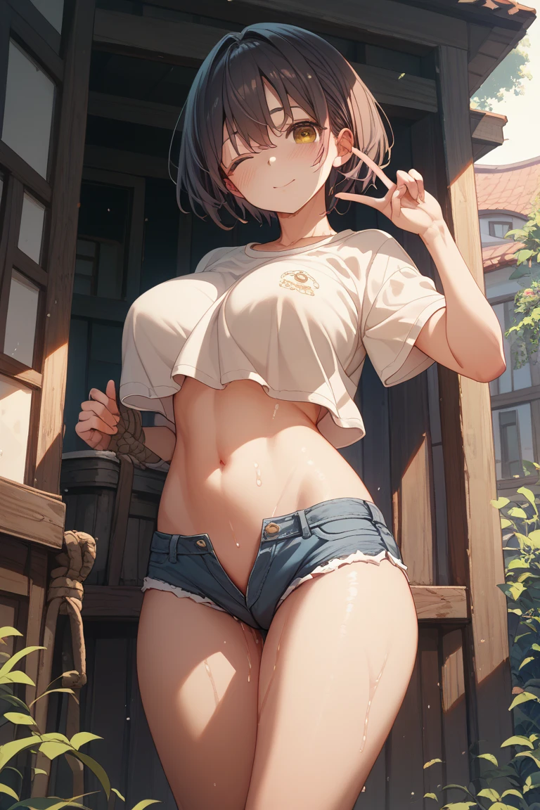 1 girl, underboobs, (hot pants, short shirts:1.1), beach, large breast, (8k, masterpiece, best quality, realistic:1.2), from below, (nipples, nipples peek, pussy, pussy peek:1.4), (nsfw:1.5), (blush:1.6), (spread regs:1.4), (pussy juice:1.8),