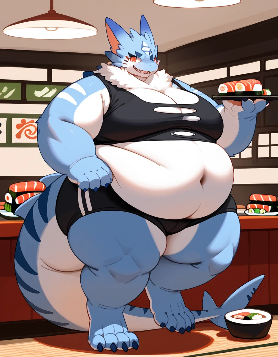 an (overweight:1.9) happy female (sergal:1.2) at a restaurant, (wearing a red dress:1.3), (fully clothed:1.3), (tight clothing), fangs,(slit pupils:1.3), sparkling eyes, (detailed eyes:1.3), curvy figure, skindentation, (medium breasts), featureless breasts, cleavage, (navel outline), (thick thighs), (flabby arms), (fat fingers), (fat neck), (double chin), (chubby cheeks), indoors, absurd res, (shaded), (countershade torso), (by yosioka_san), (by caraid), by oouna,