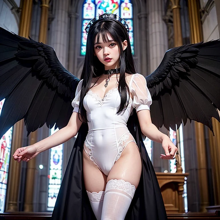 <(realistic:1.3), intricate details>, cowboy shot, (black wings:1.2), very long hair, side ponytail, choker, holding, off shoulder, (white dress:1.3), white jacket,