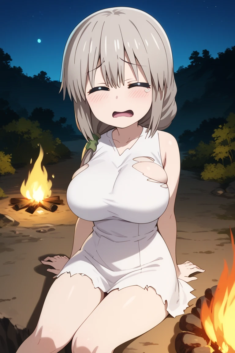 1girl, nsfw, houjousatoko, short hair, blonde hair, purple eyes ,hairband, ,hand between legs, 　mouth open sloppily, drool, empty eyes ,looking away , large breasts, nipple, Running, ,, Heavy snowfall area　frozen , Sweating profusely, Love juice, Wet Woman, female , mountain Alone, , Naked, solo, 1girl, 　amusement park ,, Peeing, lactation, projectile lactation, FIRE