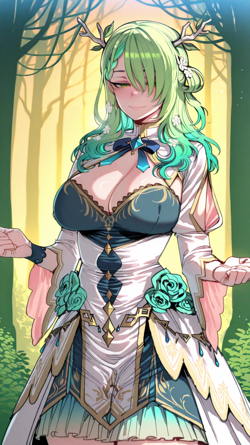 "(masterpiece:1.1), best quality,
1girl, (80s anime style:1.3), (eyelashes:1.5), (loli:1.2),
(intricate high detailed body:1.2),
(green hair:1.1), (forehead:1.1), (long hair, wavy hair:1.1), (flower brooch, hair ornament:1.2),
green eyes,
(slim body:1.1), (gigantic breasts:1.5),
(expressionless:1.2), open mouth,
(see-through cloth body suit armor:1.2), (pantyhose:1.2),
(spiked knight armor, armored boots, capelet:1.2), (suspenders:1.1), (jewelry:1.1), gauntlets,
standing, arms behind back,
(upper body, cowboy shot, looking at viewer, from front:1.1),
(simple white background:1.2)"