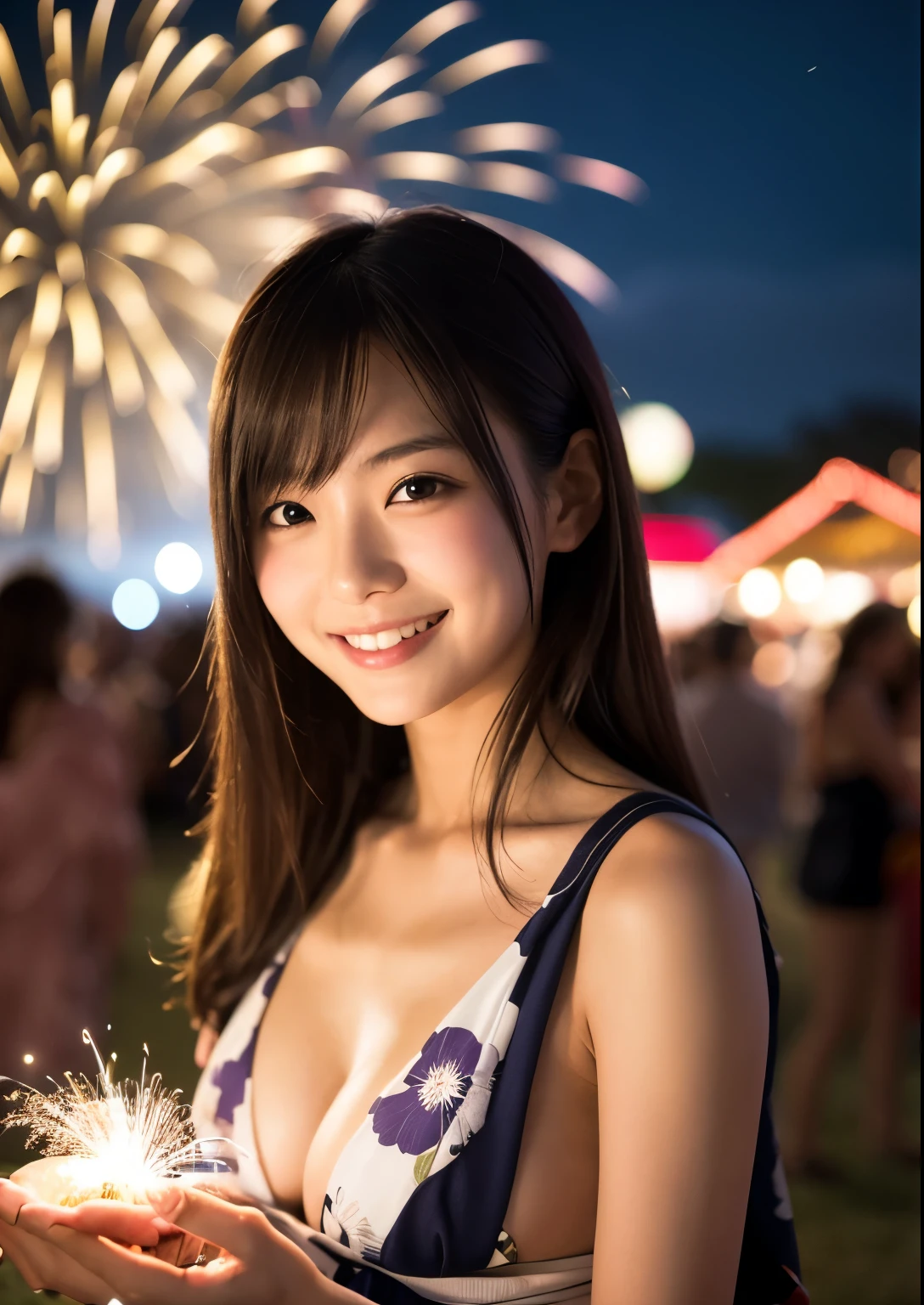 A very cute face like an idol、A 20-year-old woman who looks young、Smiling Kindly、Wearing a yukata、Cleavage、((Thighs are visible))、night、Japan Fireworks Festival、Natural light、(whole body)、High level of artistry