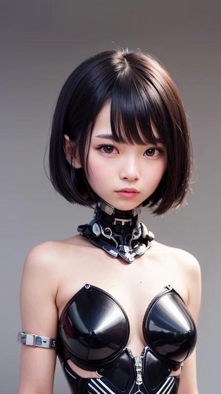 A girl with short bob, black hair, metal plates embedded under eyes, and mechanical forearms.
