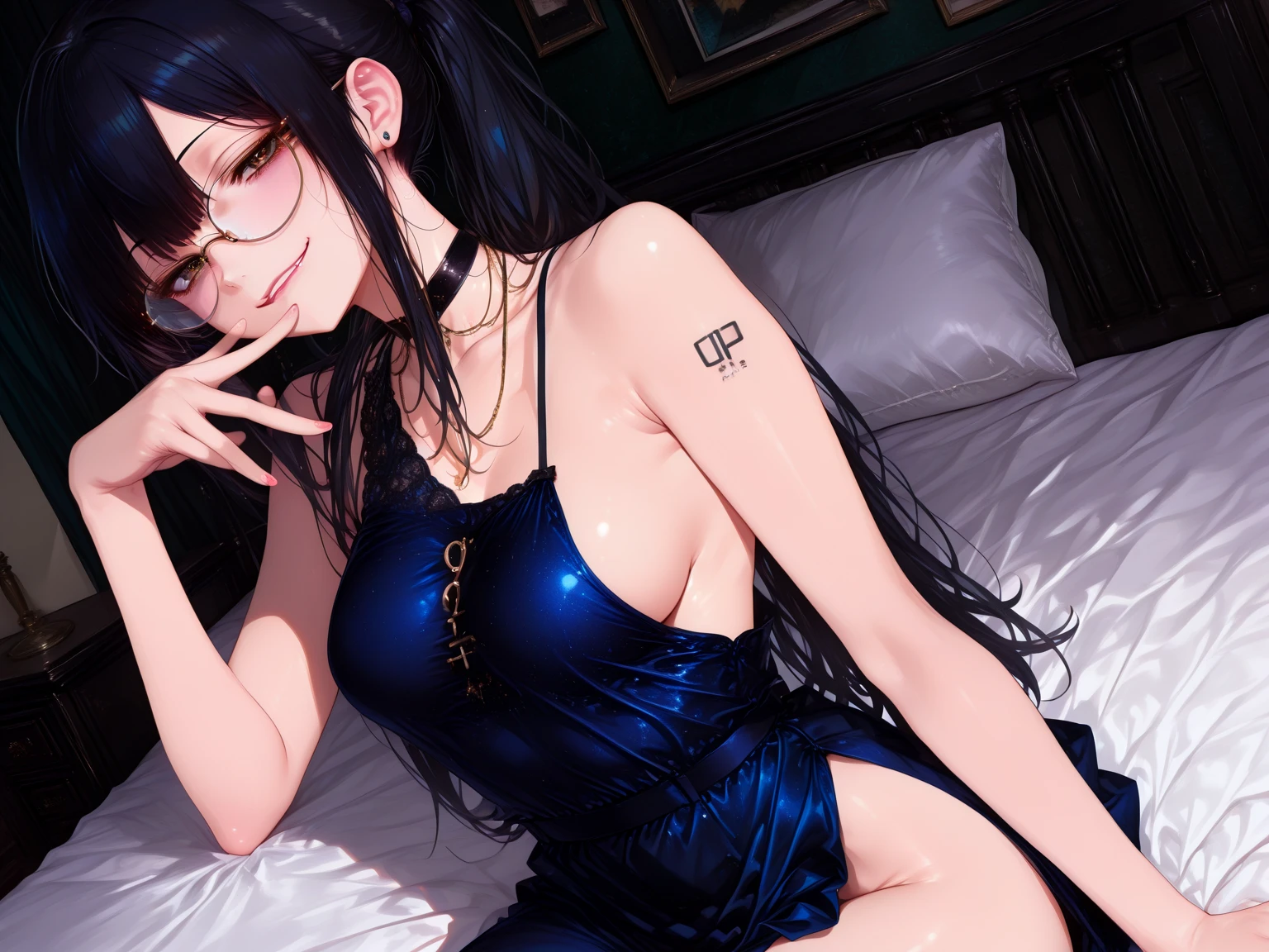 (best quality, ultra-detailed, photorealistic: 1.39), bright and vibrant colors, studio lighting, romantic expression, An effeminate girl, with a delicate and beautiful face. She is a girl who reflects seductive beauty, sparkling eyes, dark gothic makeup, dark gothic punk style, gothic healed woman, A Beautiful and adult tattooed woman and voluminous dark gothic blue hair, hair, crying a seductive 2 woman with big breasts seduces, matches the gothic makeup, pleasurable sadistic expression, with her large breasts seduces, gothic style dark gothic transparent long-sleeved white blouse, black bra, black leggings skirt with chain details, dark gothic style, blurred dark gothic makeup, chained, with her blue eyes that matches her soft smile, black gothic style, in a beautiful pose demonstrating her seduction by the pool, posing, holding a black heart pillow with I Love You SeaArt , night with soft lighting, anime style, like a manwha character
