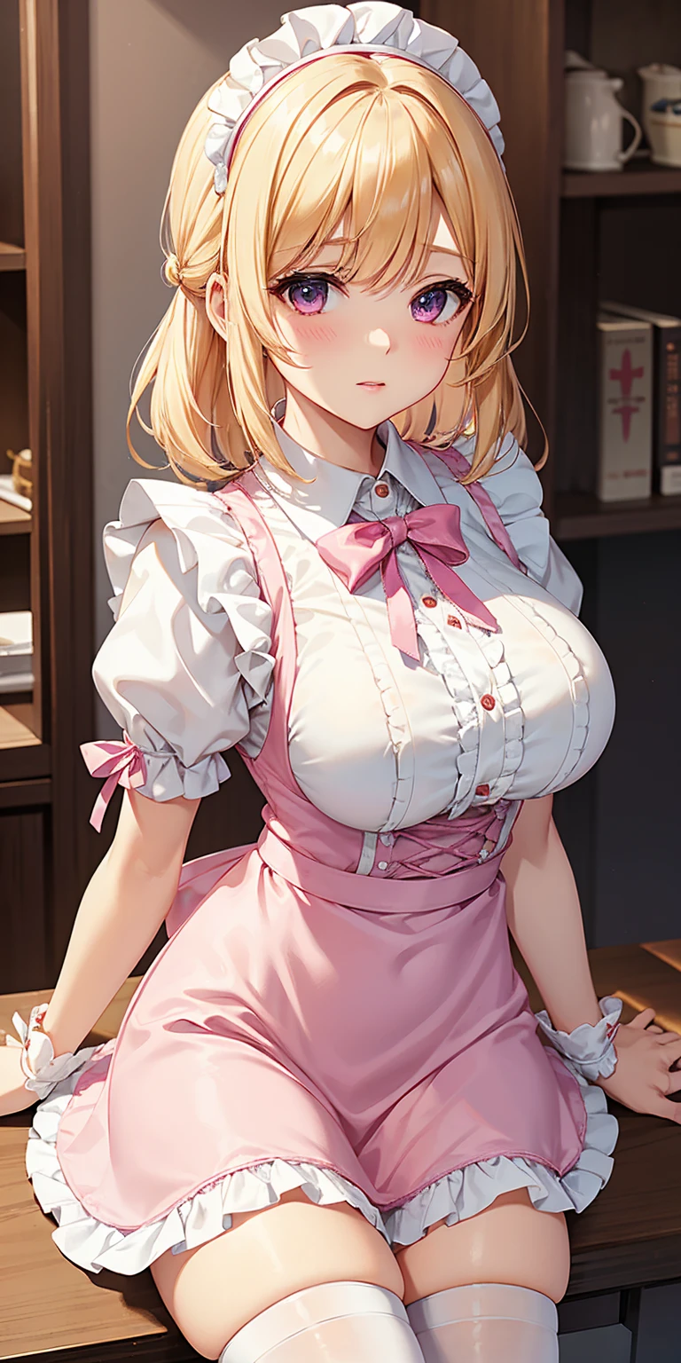 ((highest quality、High resolution、8K、masterpiece:1.3、beautiful anime style))、((no panties、She lifts up her skirt and shows her pussy.、blonde、maid、maid服、tits、Pussy、love juice、embarrassed look))