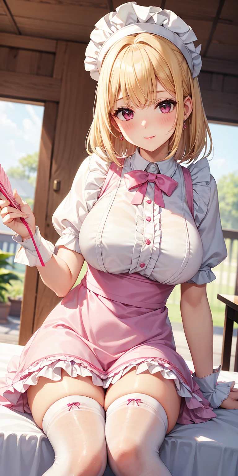 best quality,((((1girl)))),((big breasts:1.3)),curvy,((orgasm,blush,ahegao,tongue out,saliva,saliva trail:1.1)),sweat,Djeeta_a,blonde hair, short hair, Brien eyes, djeeta one piece dress,mini skirt,lift skirt,upskirt,lace panties,white panties,black kneehighs,dildo Under panties,pussy juice
