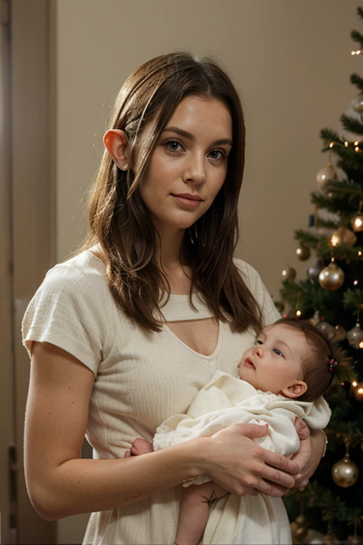 In a detailed realistic shot in a nursery designed for baby boys, a knowledgeable teenage girl with a mixed heritage showcases her long curly hair and captivating olive green eyes as she lovingly holds her newborn brother